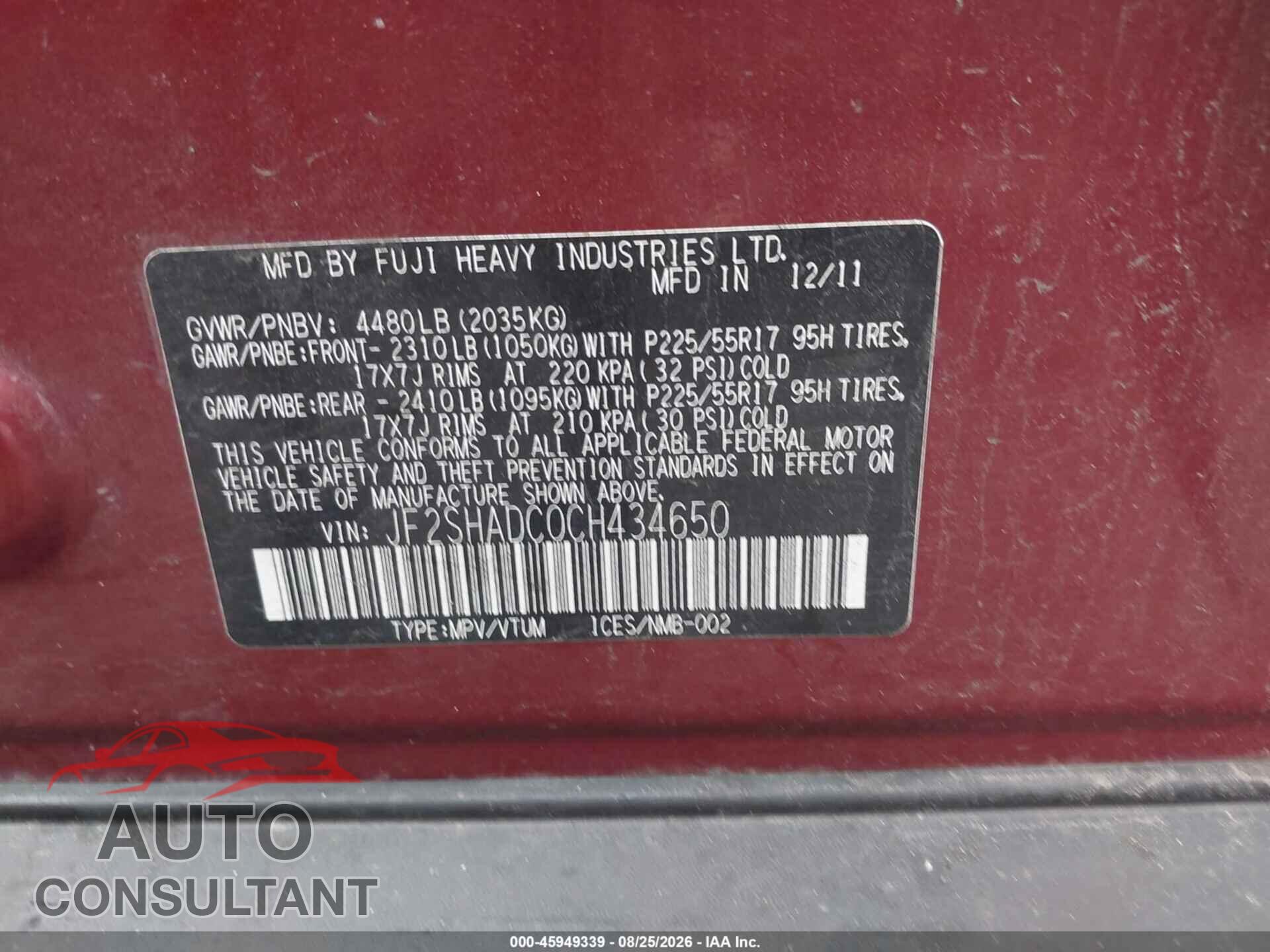 SUBARU FORESTER 2012 - JF2SHADC0CH434650