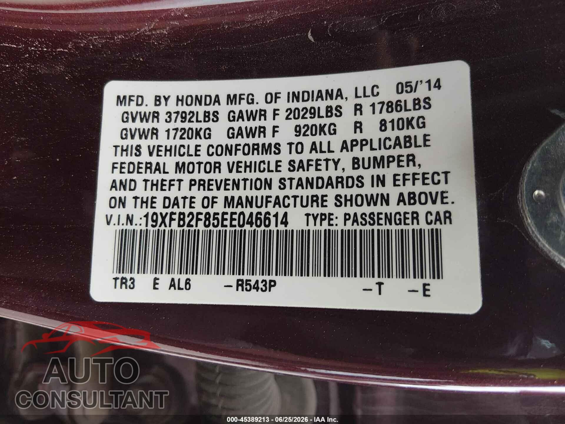 HONDA CIVIC 2014 - 19XFB2F85EE046614