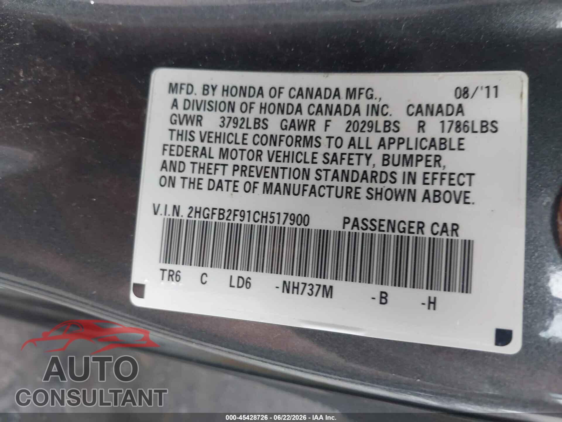 HONDA CIVIC 2012 - 2HGFB2F91CH517900