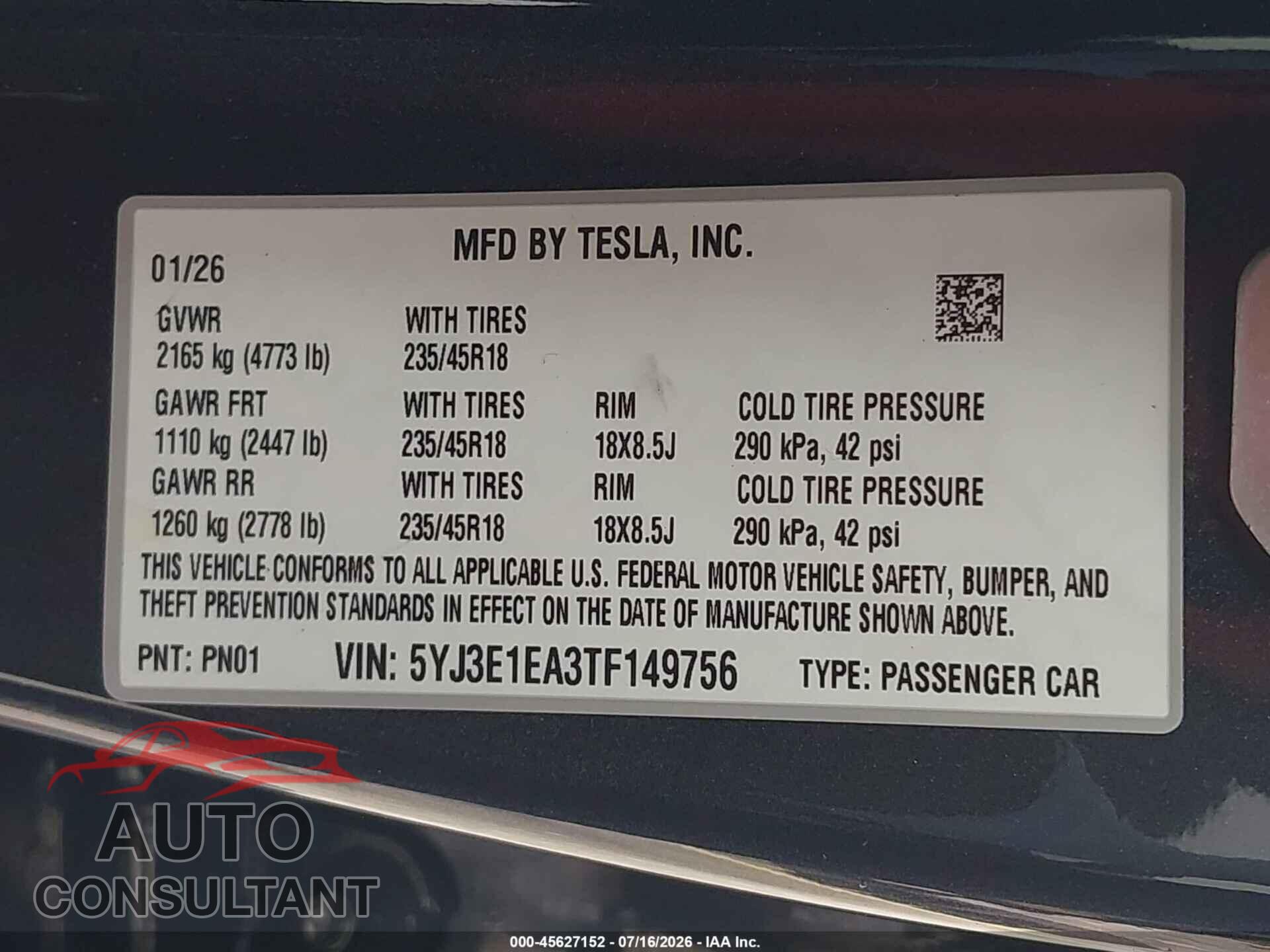 TESLA MODEL 3 2026 - 5YJ3E1EA3TF149756