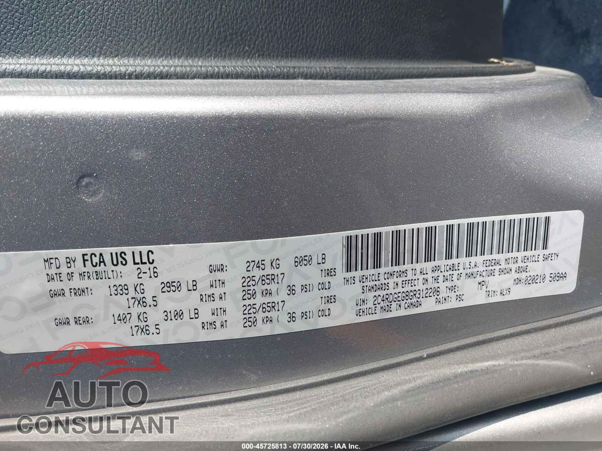 DODGE GRAND CARAVAN 2016 - 2C4RDGEG8GR312206