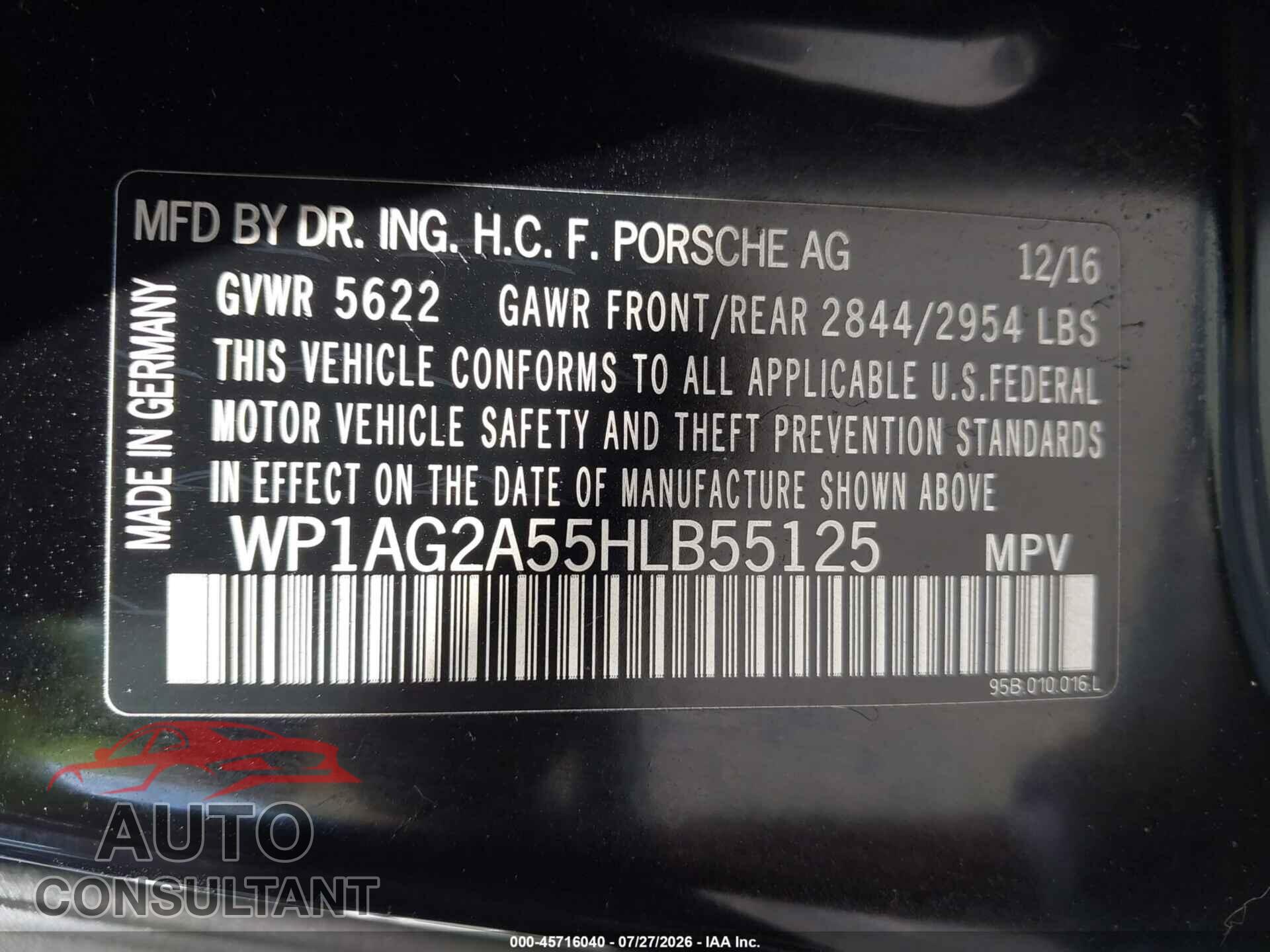 PORSCHE MACAN 2017 - WP1AG2A55HLB55125