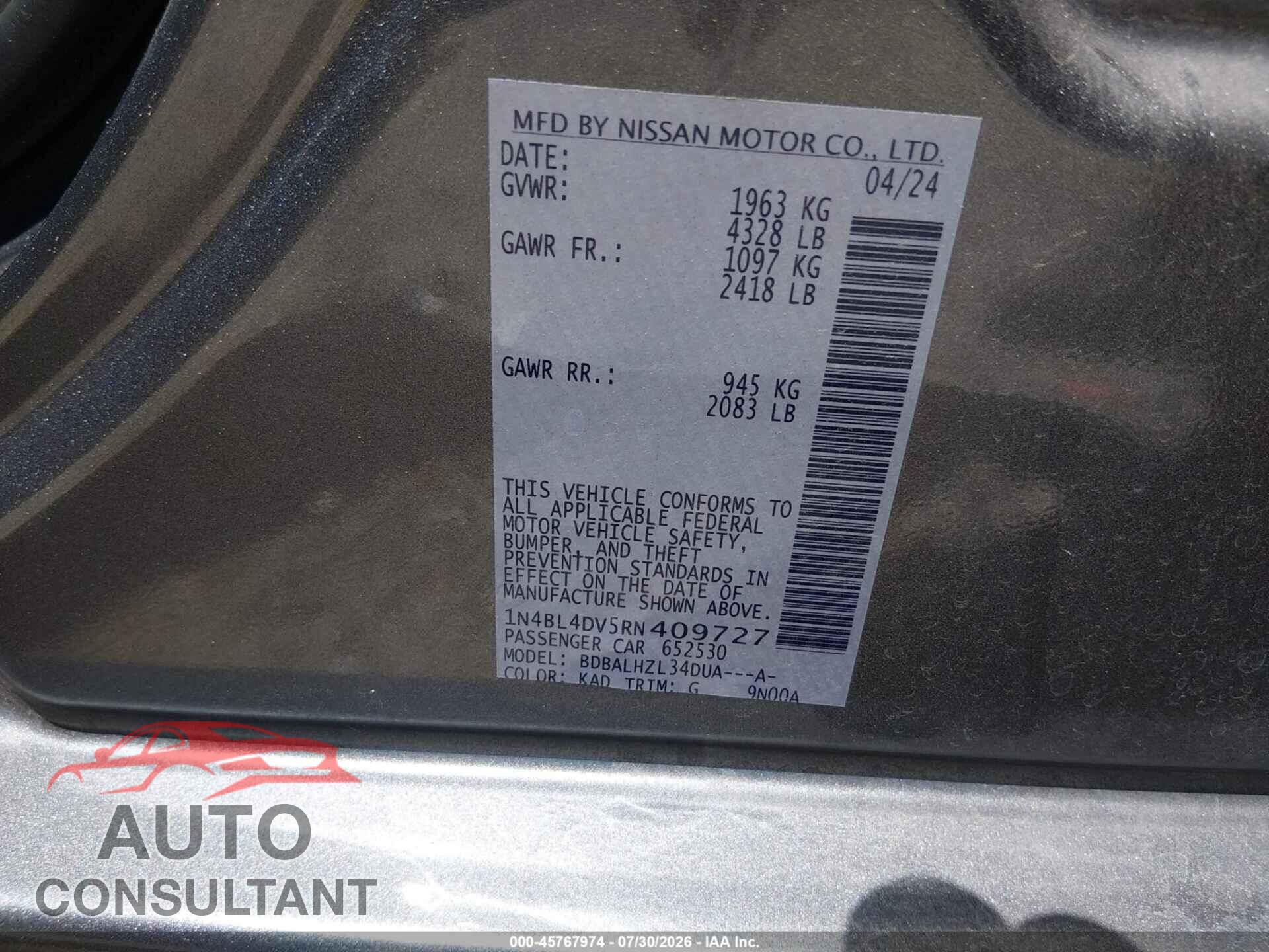 NISSAN ALTIMA 2024 - 1N4BL4DV5RN409727