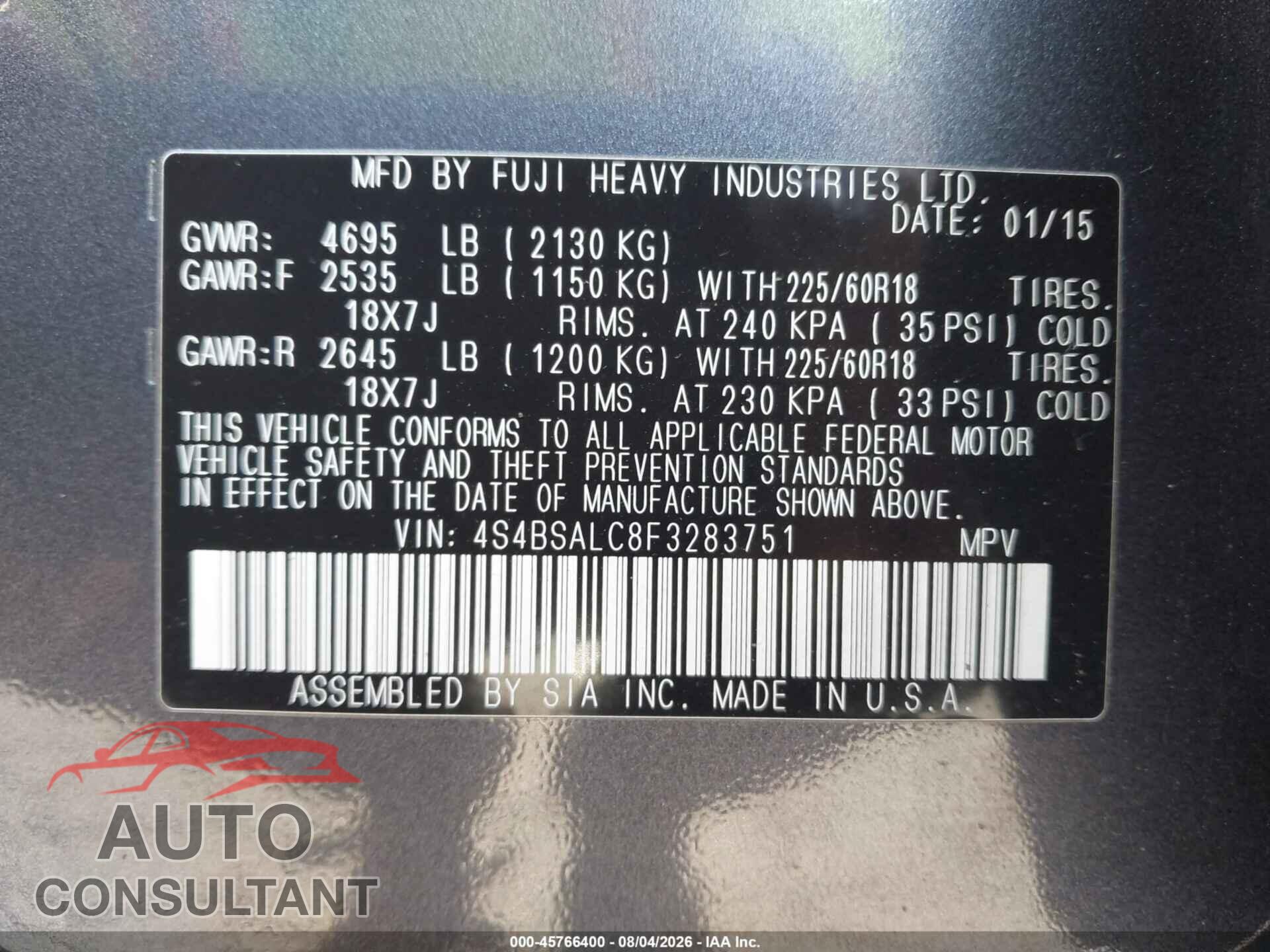 SUBARU OUTBACK 2015 - 4S4BSALC8F3283751