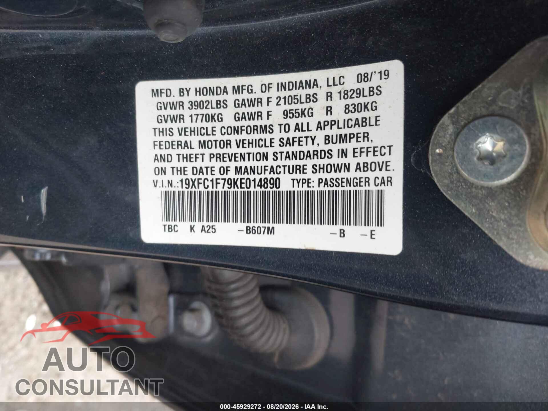 HONDA CIVIC 2019 - 19XFC1F79KE014890