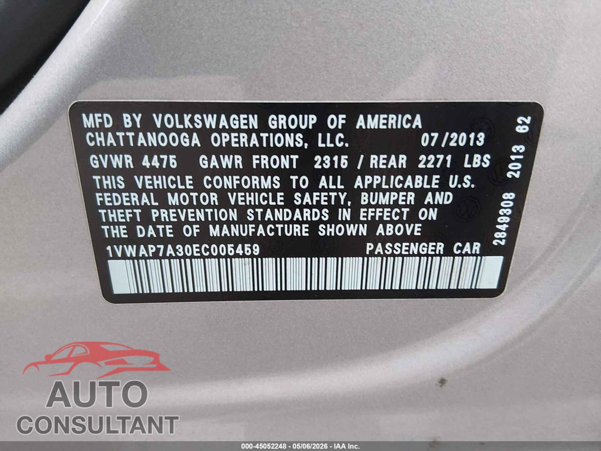 VOLKSWAGEN PASSAT 2014 - 1VWAP7A30EC005459