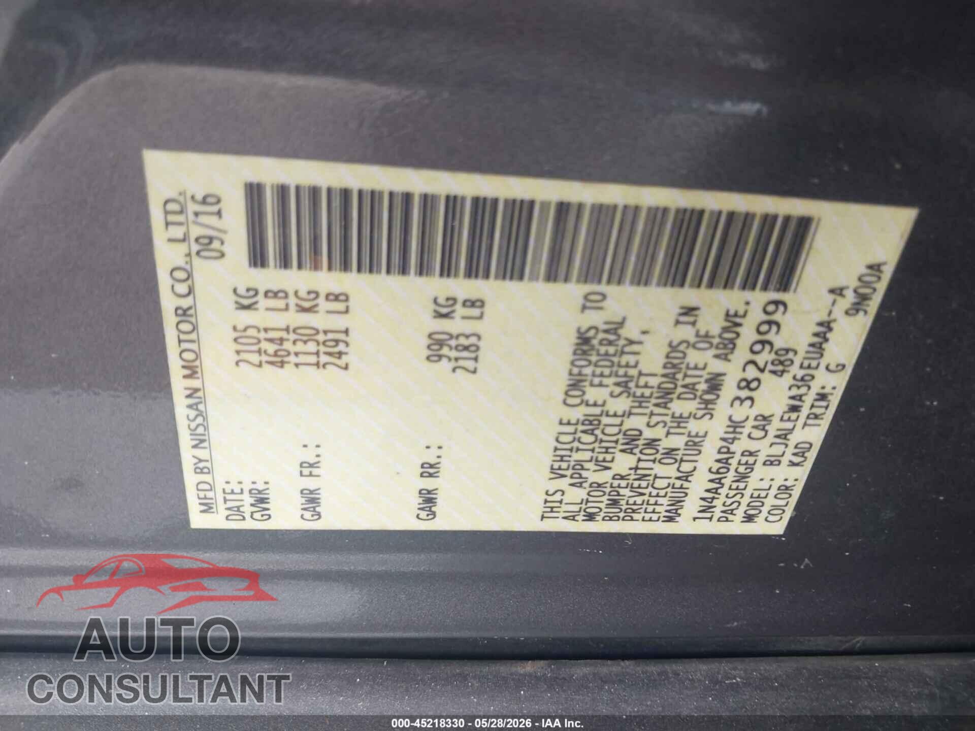 NISSAN MAXIMA 2017 - 1N4AA6AP4HC382999