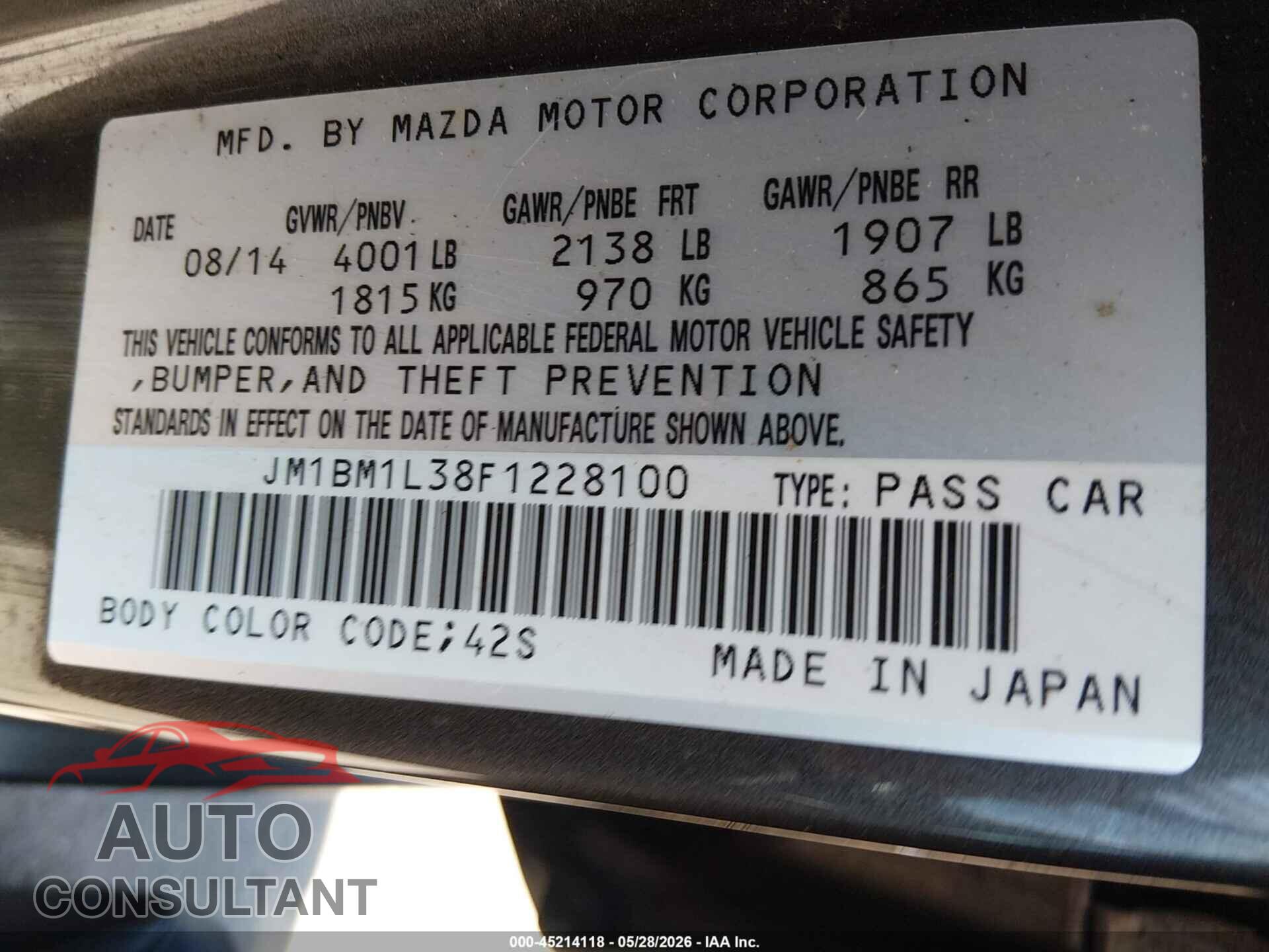MAZDA MAZDA3 2015 - JM1BM1L38F1228100
