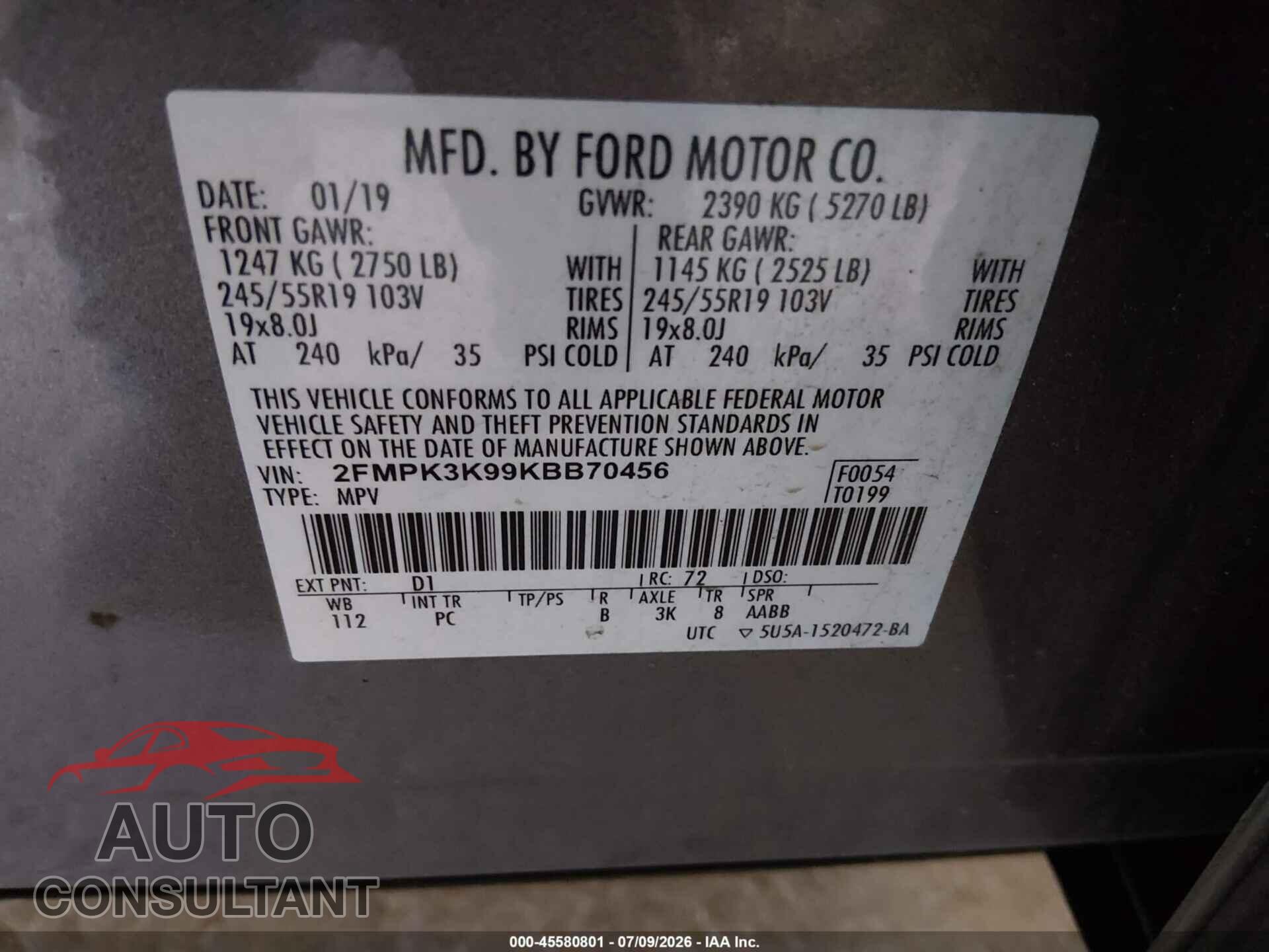 FORD EDGE 2019 - 2FMPK3K99KBB70456