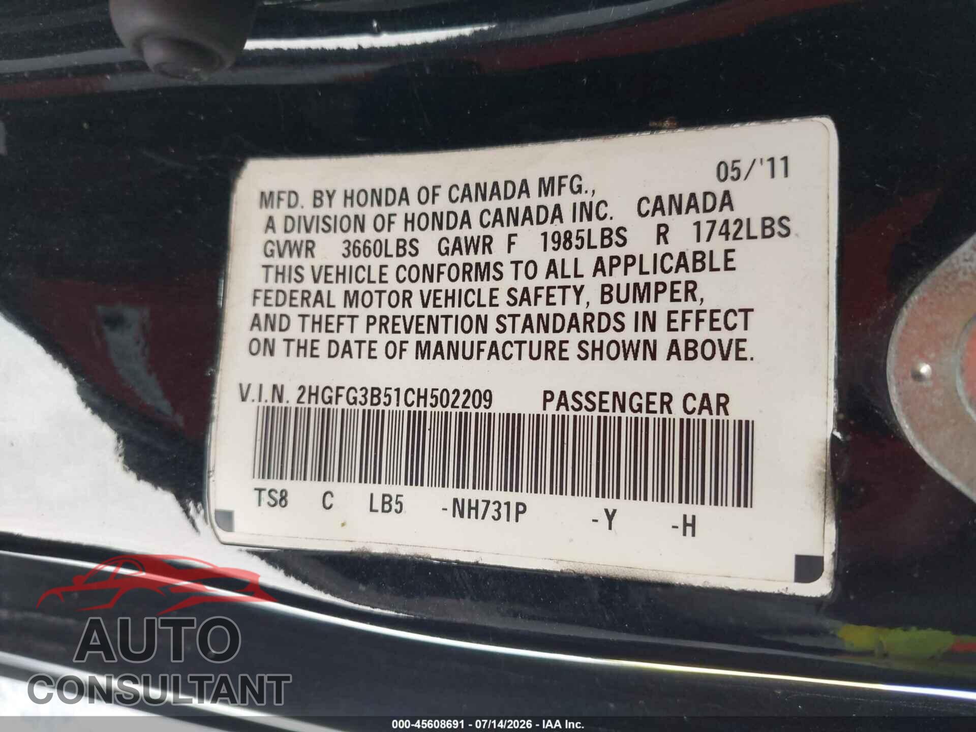 HONDA CIVIC 2012 - 2HGFG3B51CH502209