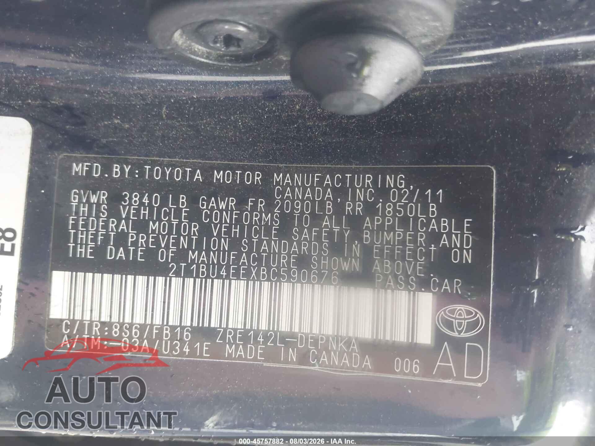 TOYOTA COROLLA 2011 - 2T1BU4EEXBC590676