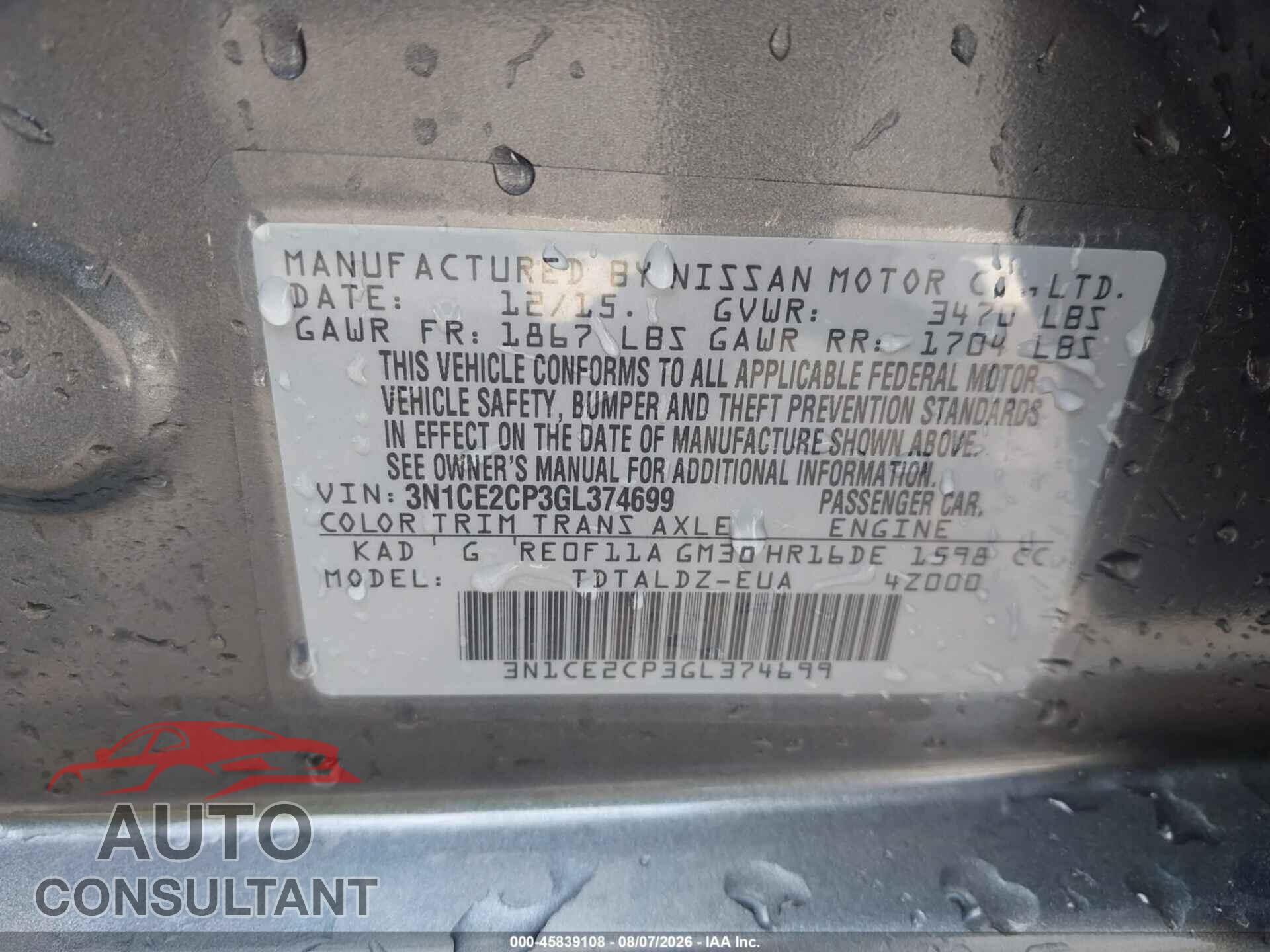 NISSAN VERSA NOTE 2016 - 3N1CE2CP3GL374699