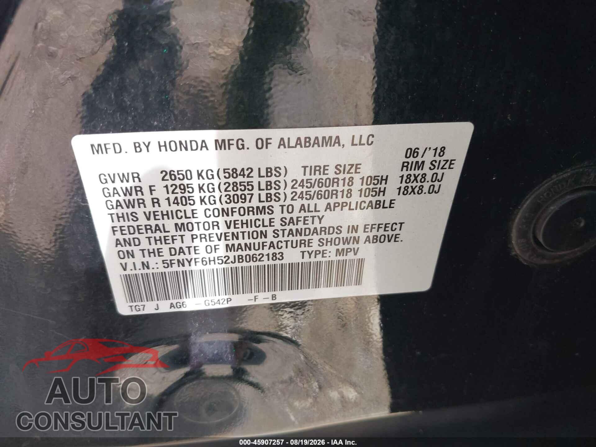 HONDA PILOT 2018 - 5FNYF6H52JB062183