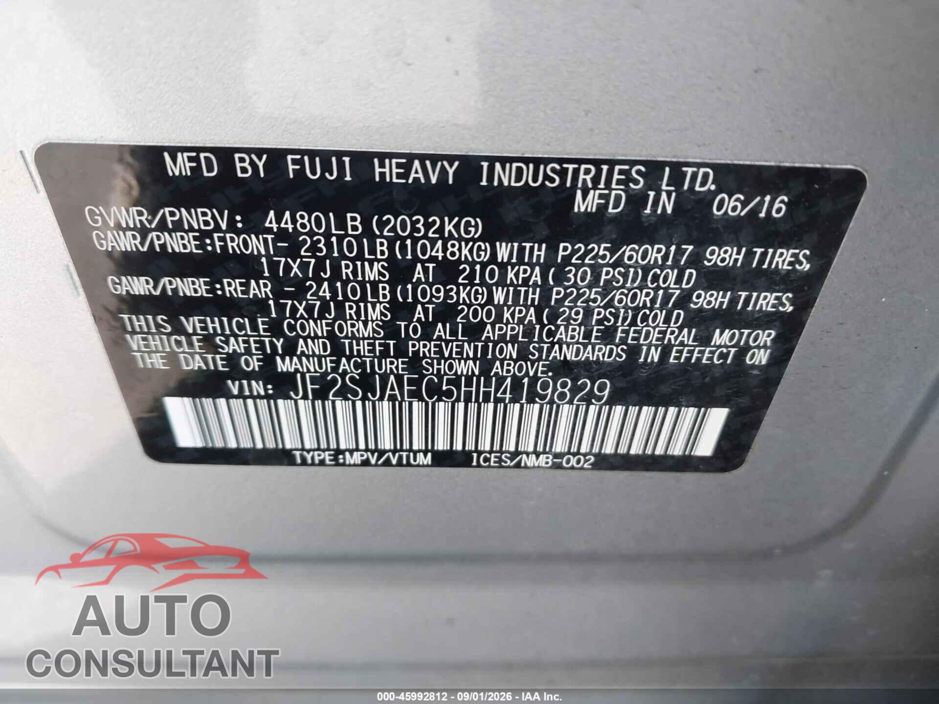 SUBARU FORESTER 2017 - JF2SJAEC5HH419829