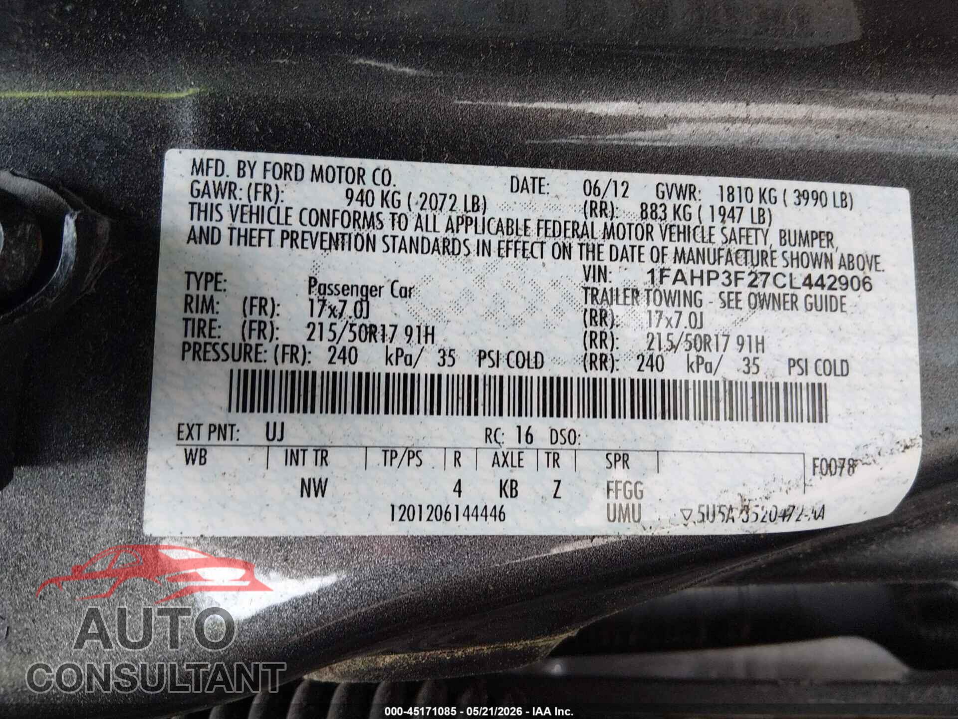 FORD FOCUS 2012 - 1FAHP3F27CL442906