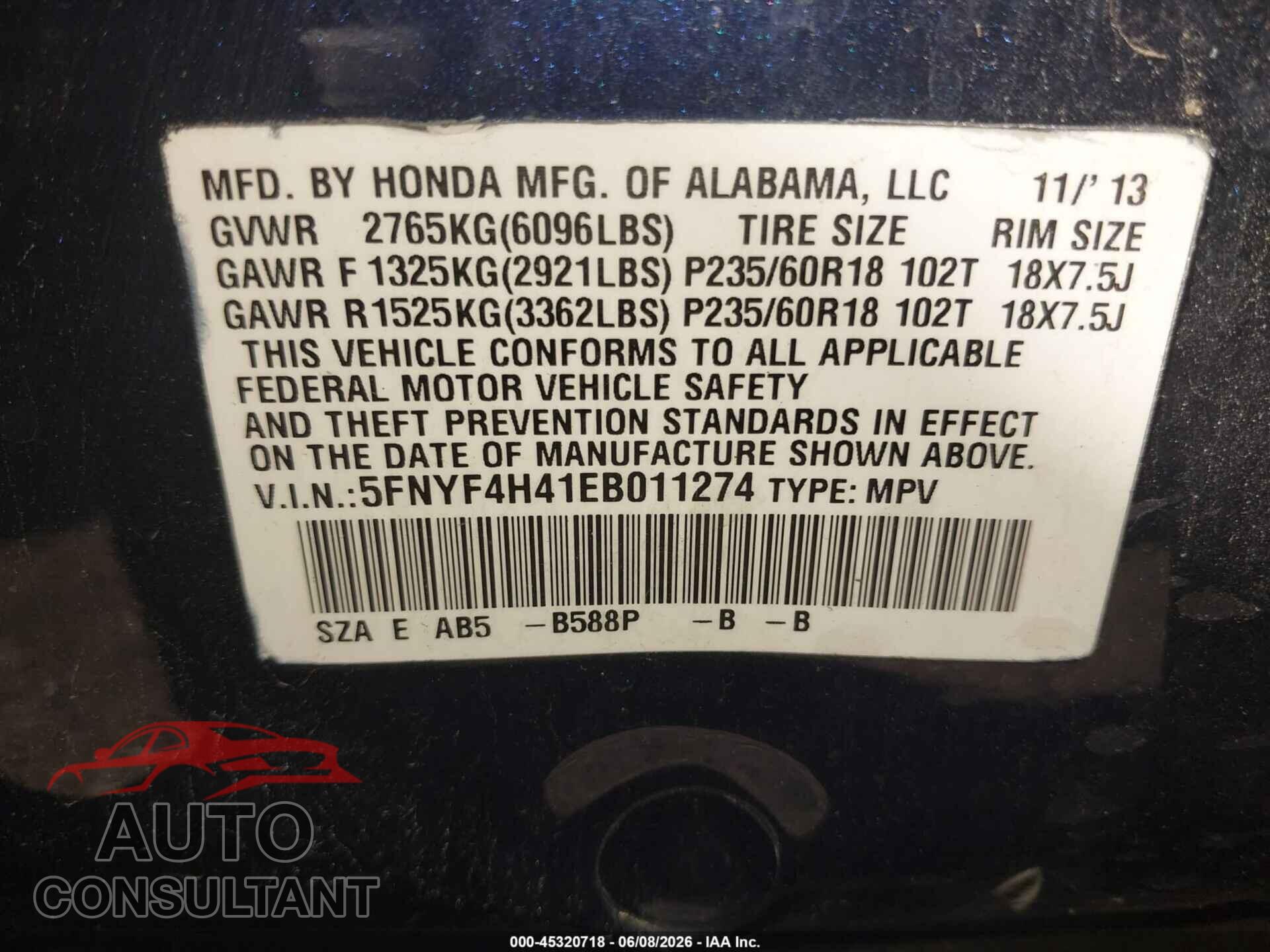 HONDA PILOT 2014 - 5FNYF4H41EB011274