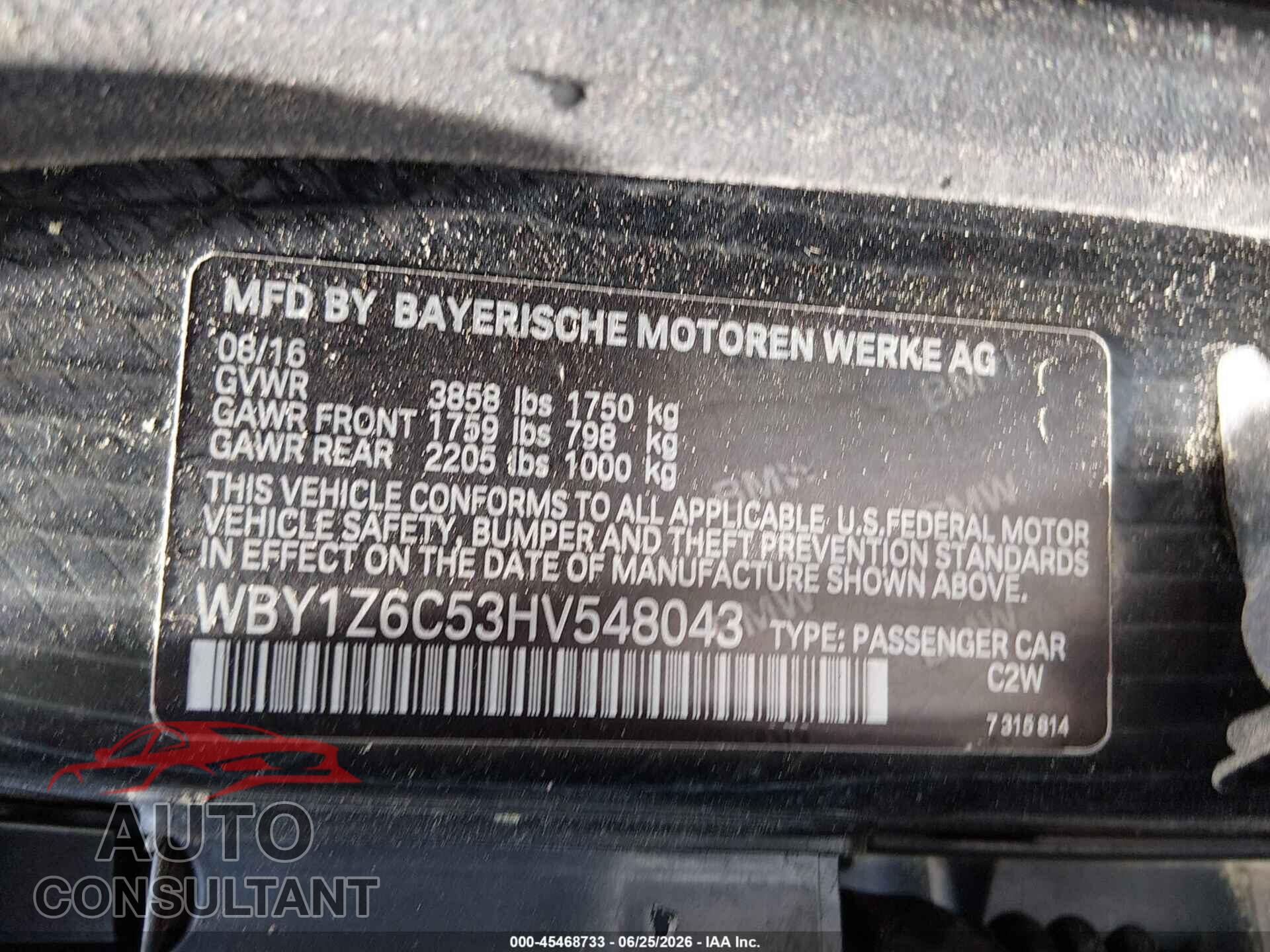 BMW I3 2017 - WBY1Z6C53HV548043