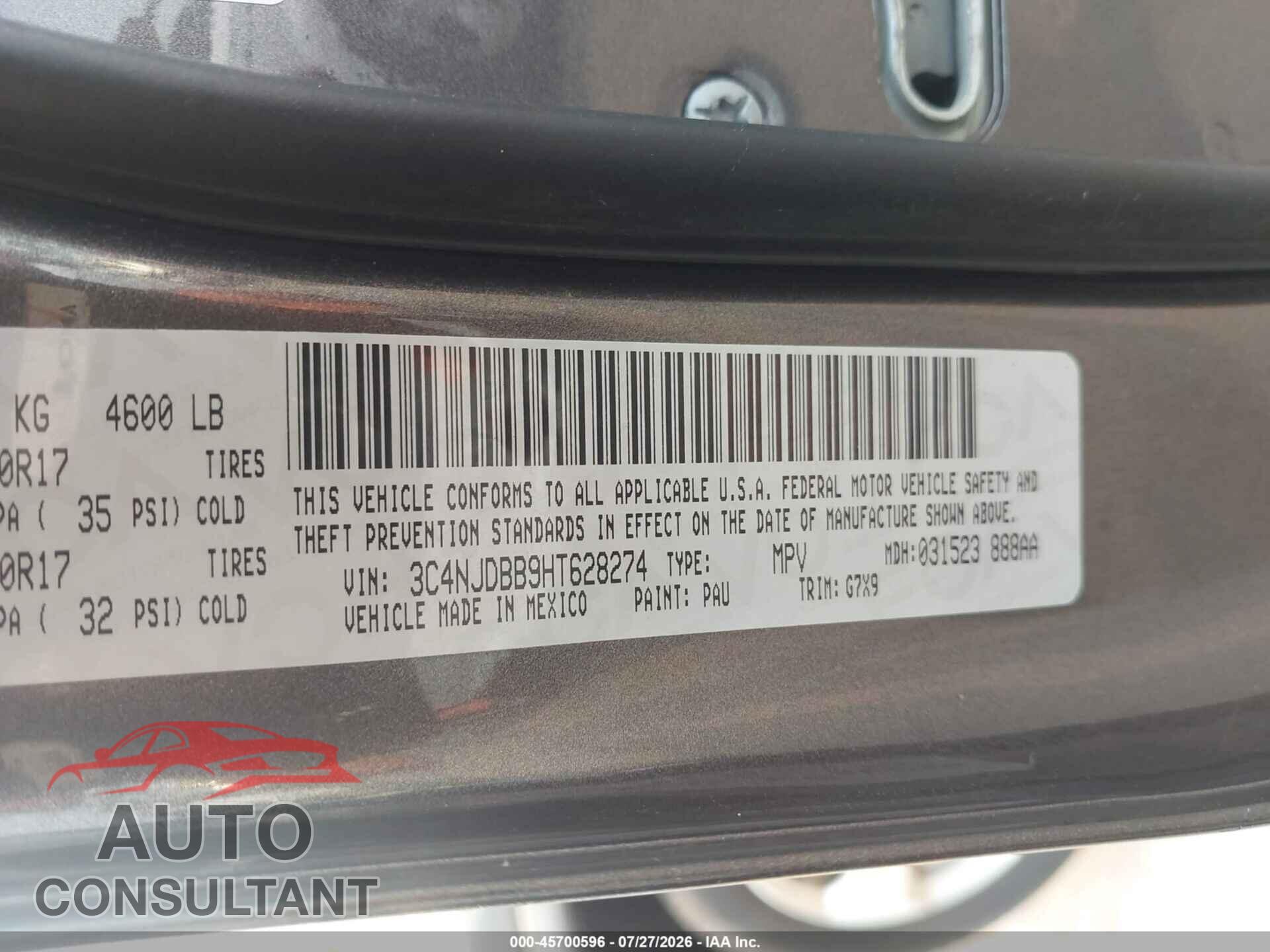 JEEP COMPASS 2017 - 3C4NJDBB9HT628274