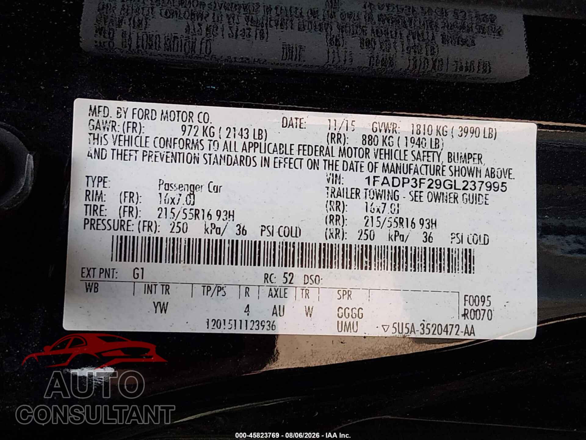 FORD FOCUS 2016 - 1FADP3F29GL237995