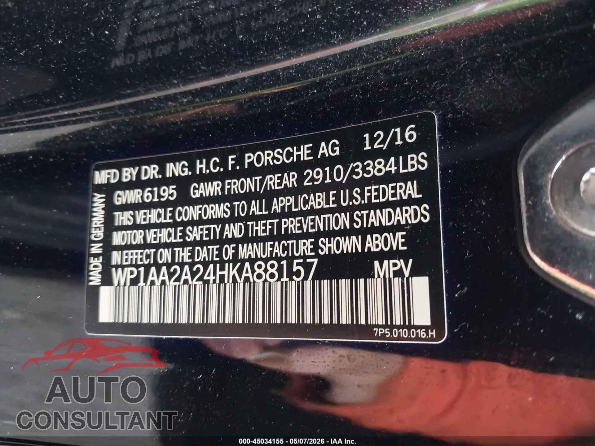 PORSCHE CAYENNE 2017 - WP1AA2A24HKA88157