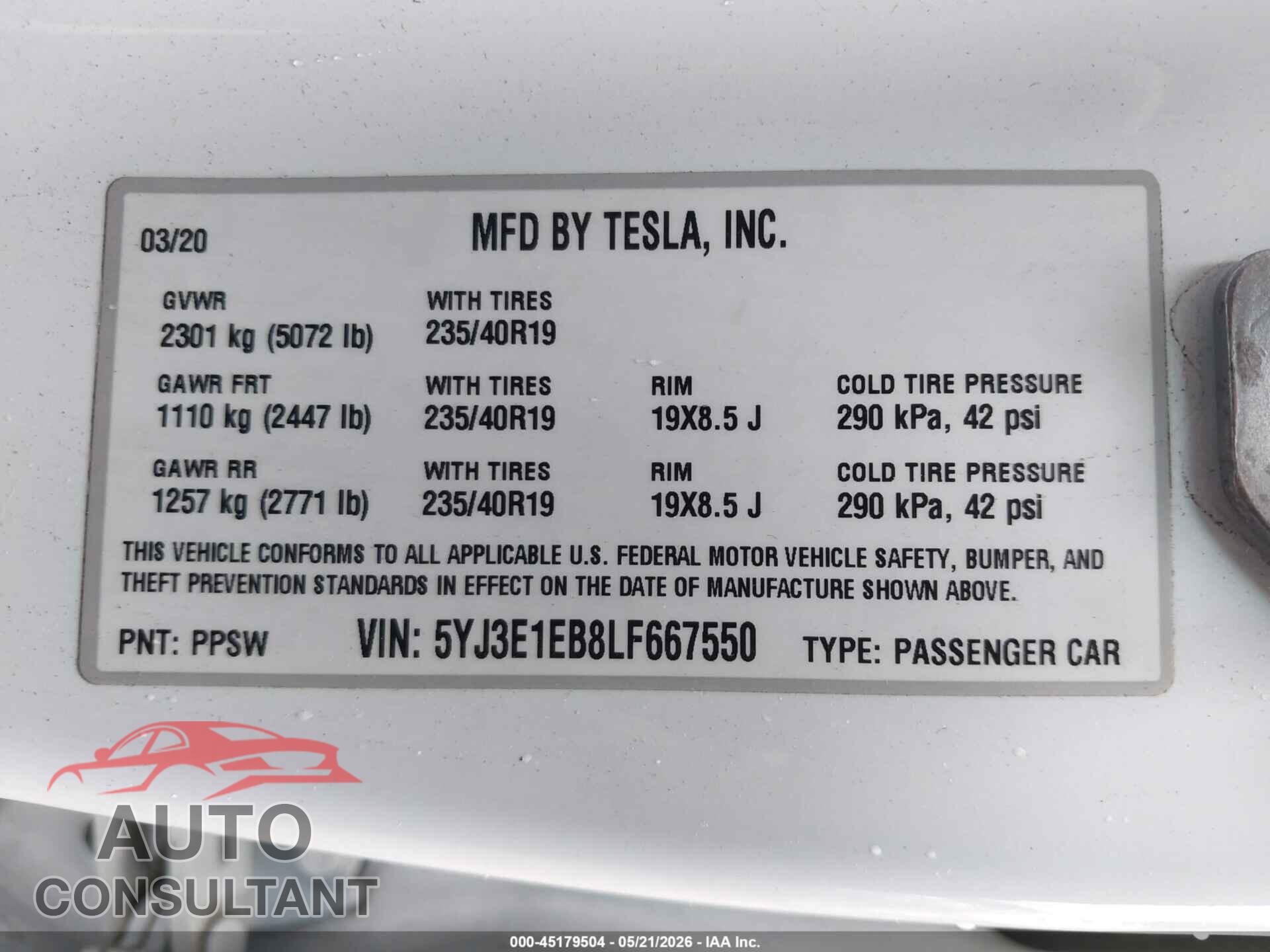 TESLA MODEL 3 2020 - 5YJ3E1EB8LF667550