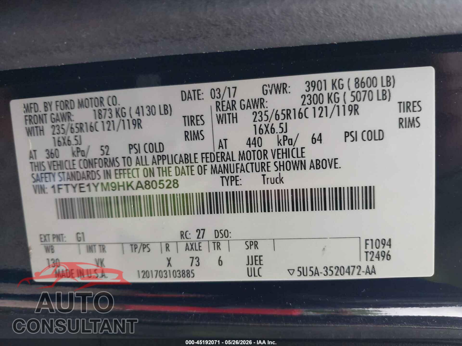 FORD TRANSIT-150 2017 - 1FTYE1YM9HKA80528