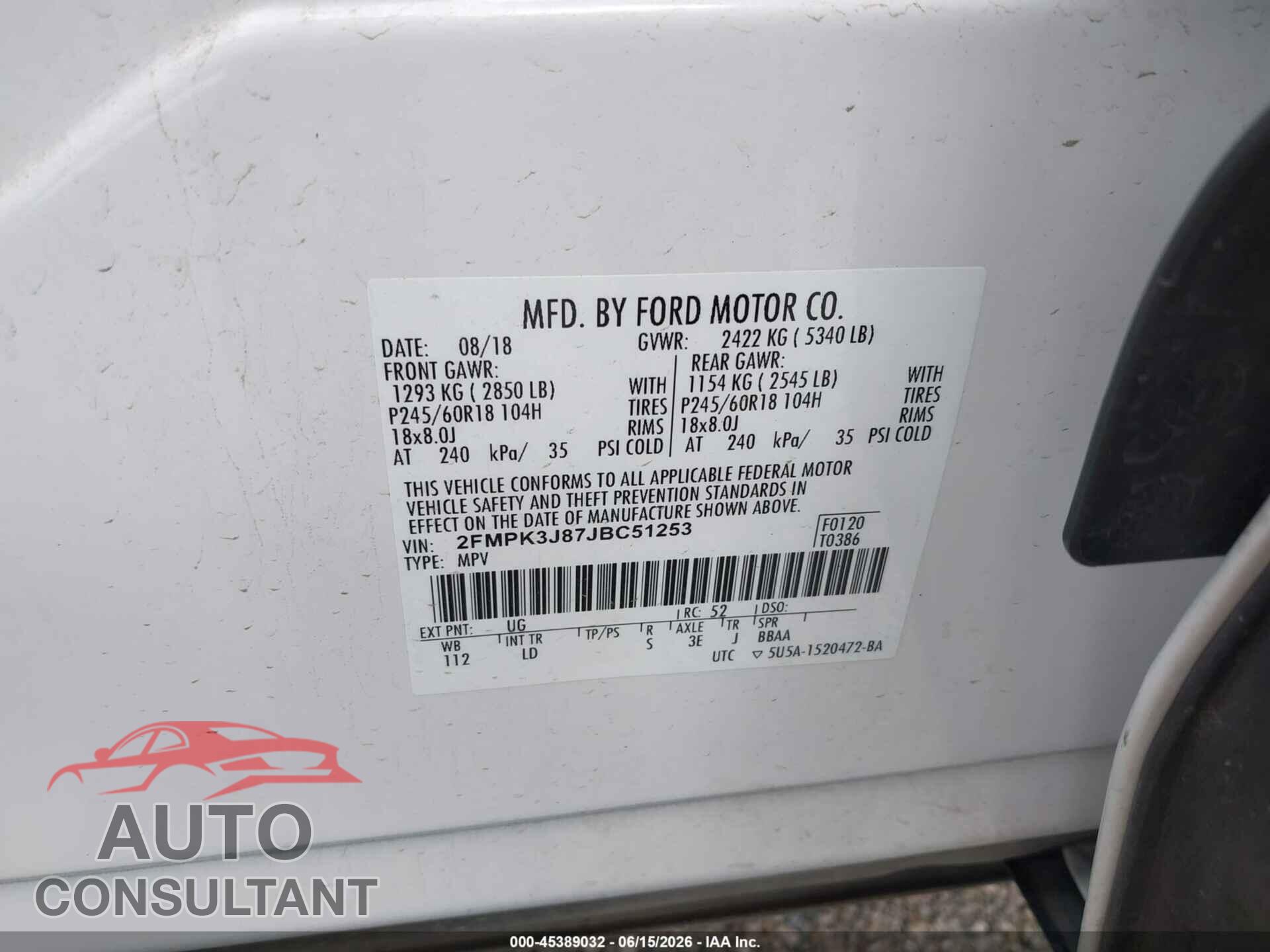 FORD EDGE 2018 - 2FMPK3J87JBC51253