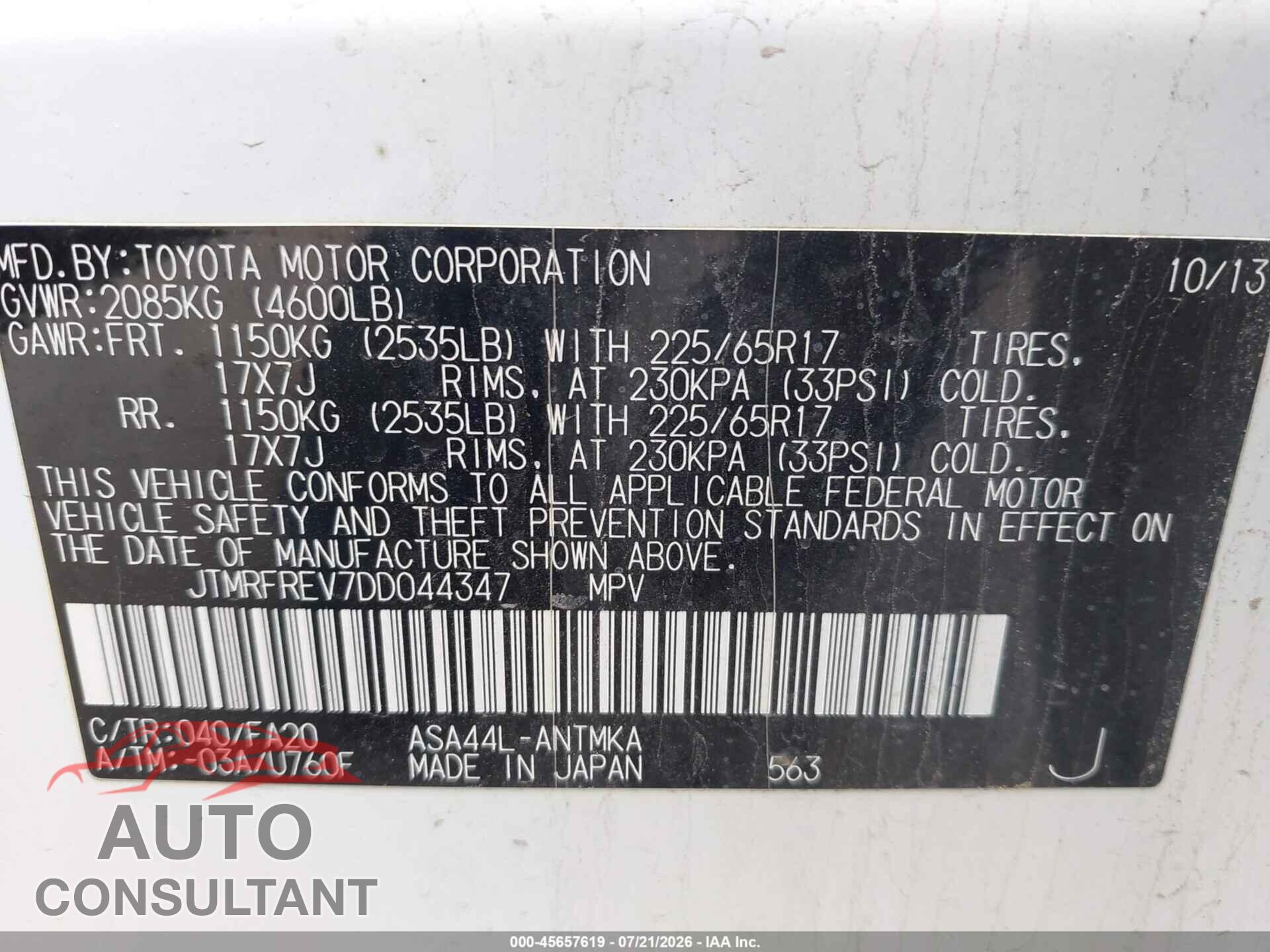 TOYOTA RAV4 2013 - JTMRFREV7DD044347
