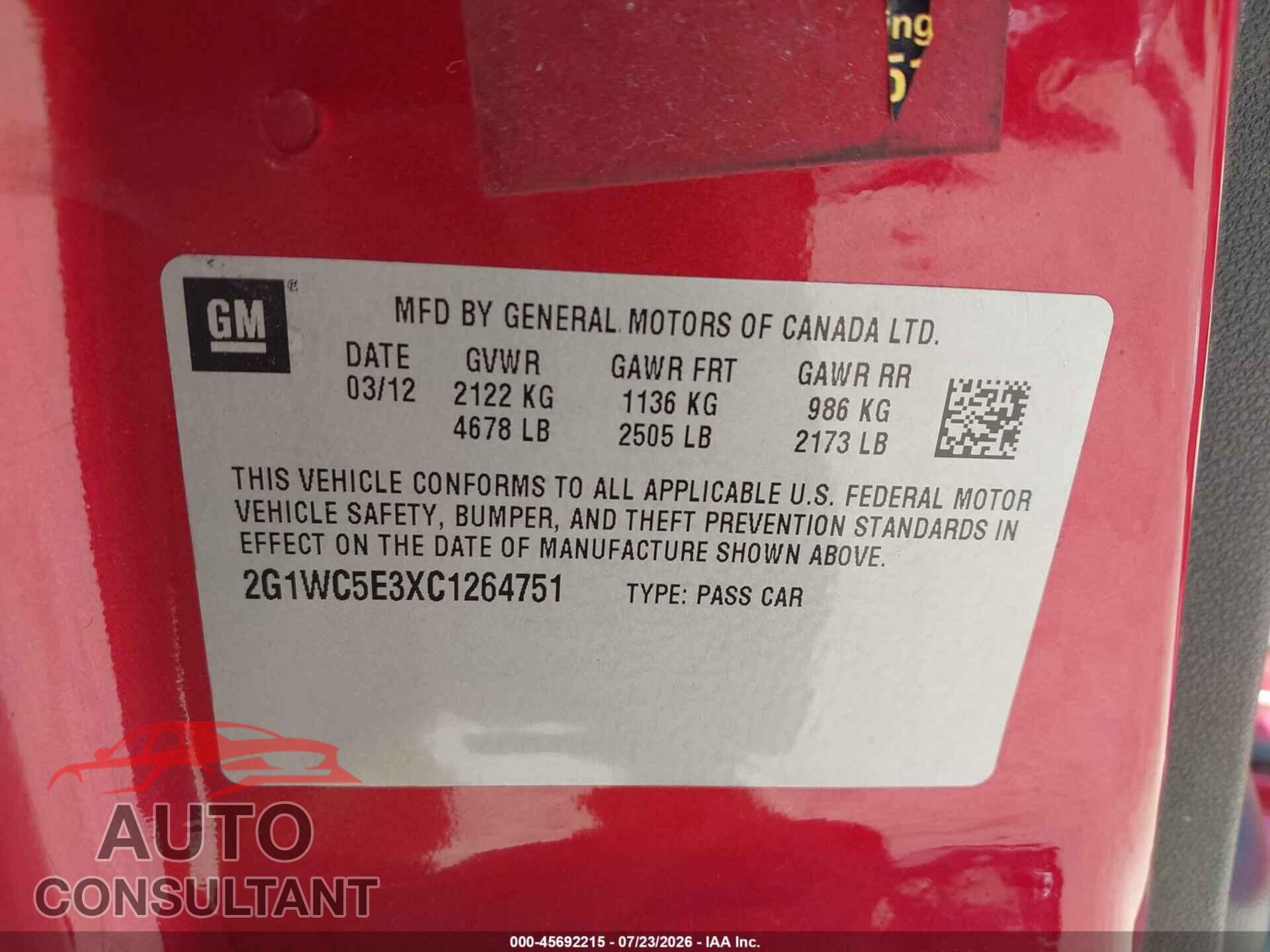 CHEVROLET IMPALA 2012 - 2G1WC5E3XC1264751