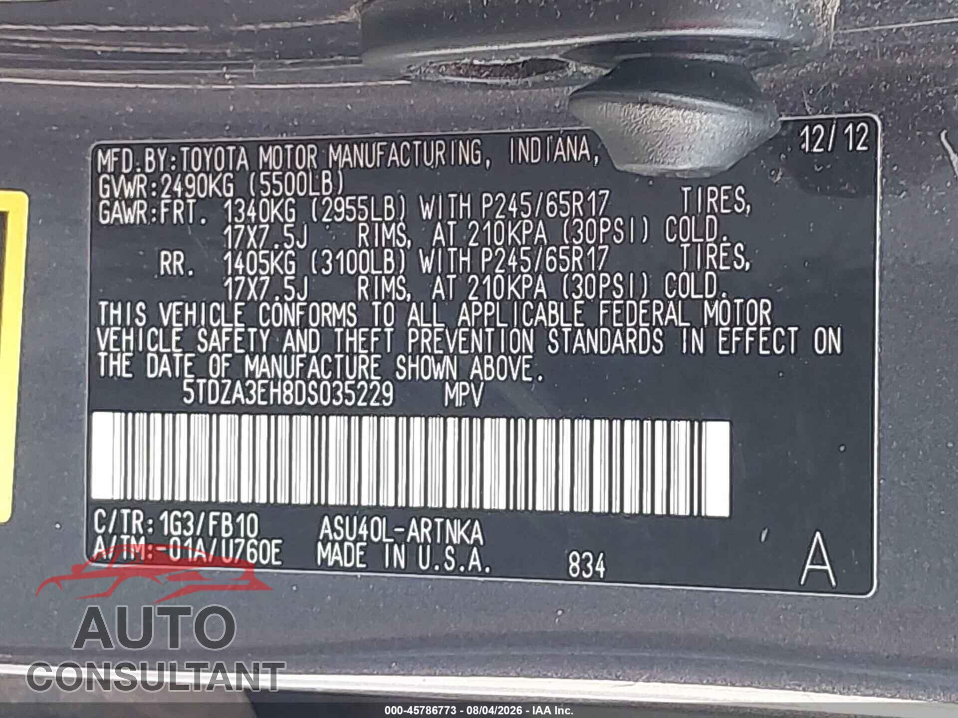 TOYOTA HIGHLANDER 2013 - 5TDZA3EH8DS035229