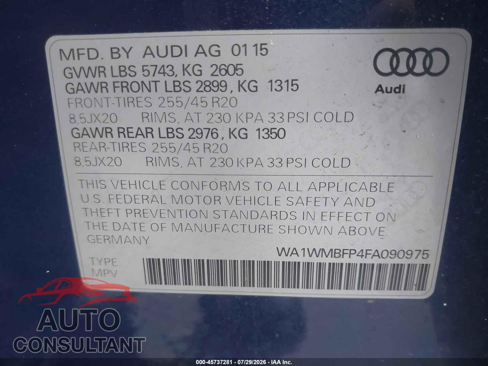 AUDI Q5 2015 - WA1WMBFP4FA090975