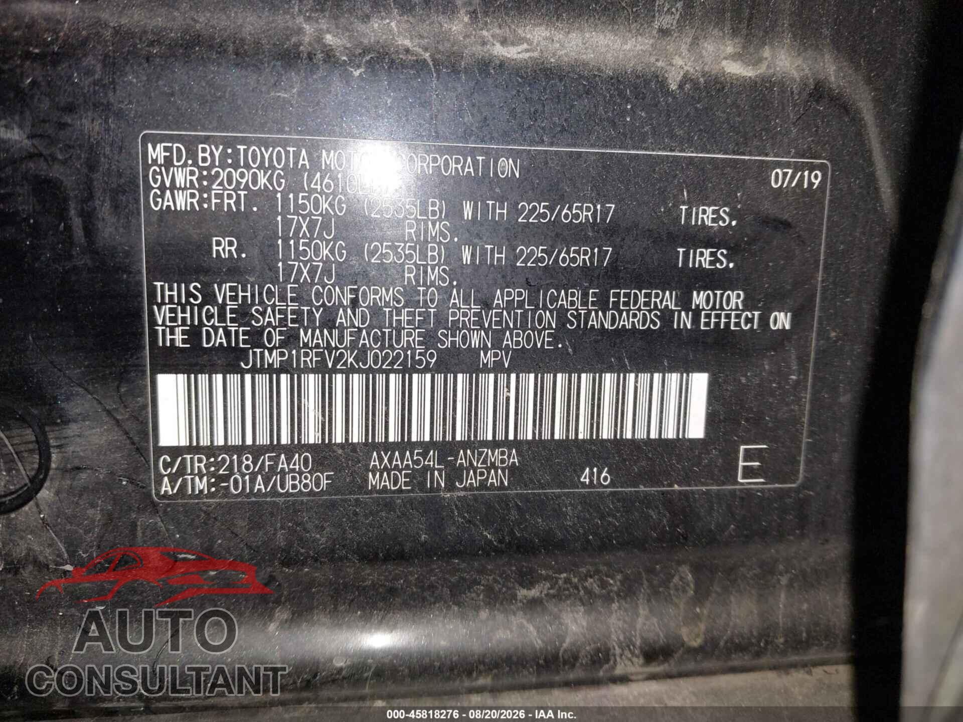 TOYOTA RAV4 2019 - JTMP1RFV2KJ022159