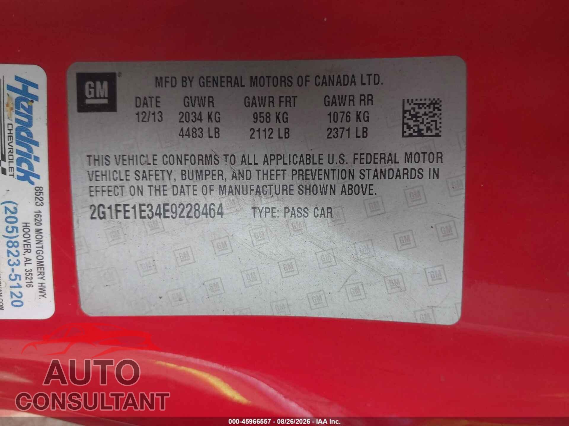 CHEVROLET CAMARO 2014 - 2G1FE1E34E9228464