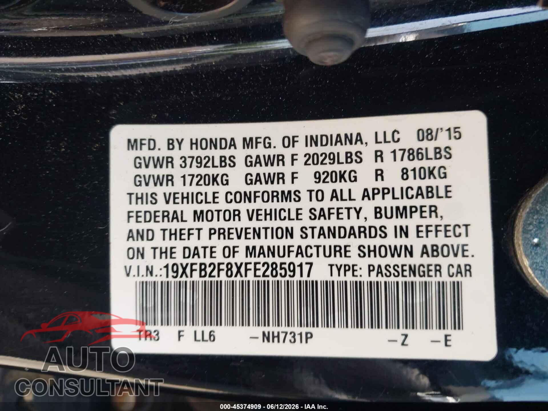 HONDA CIVIC 2015 - 19XFB2F8XFE285917