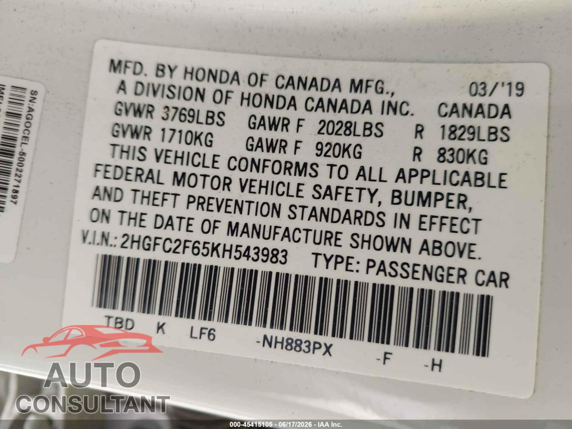HONDA CIVIC 2019 - 2HGFC2F65KH543983