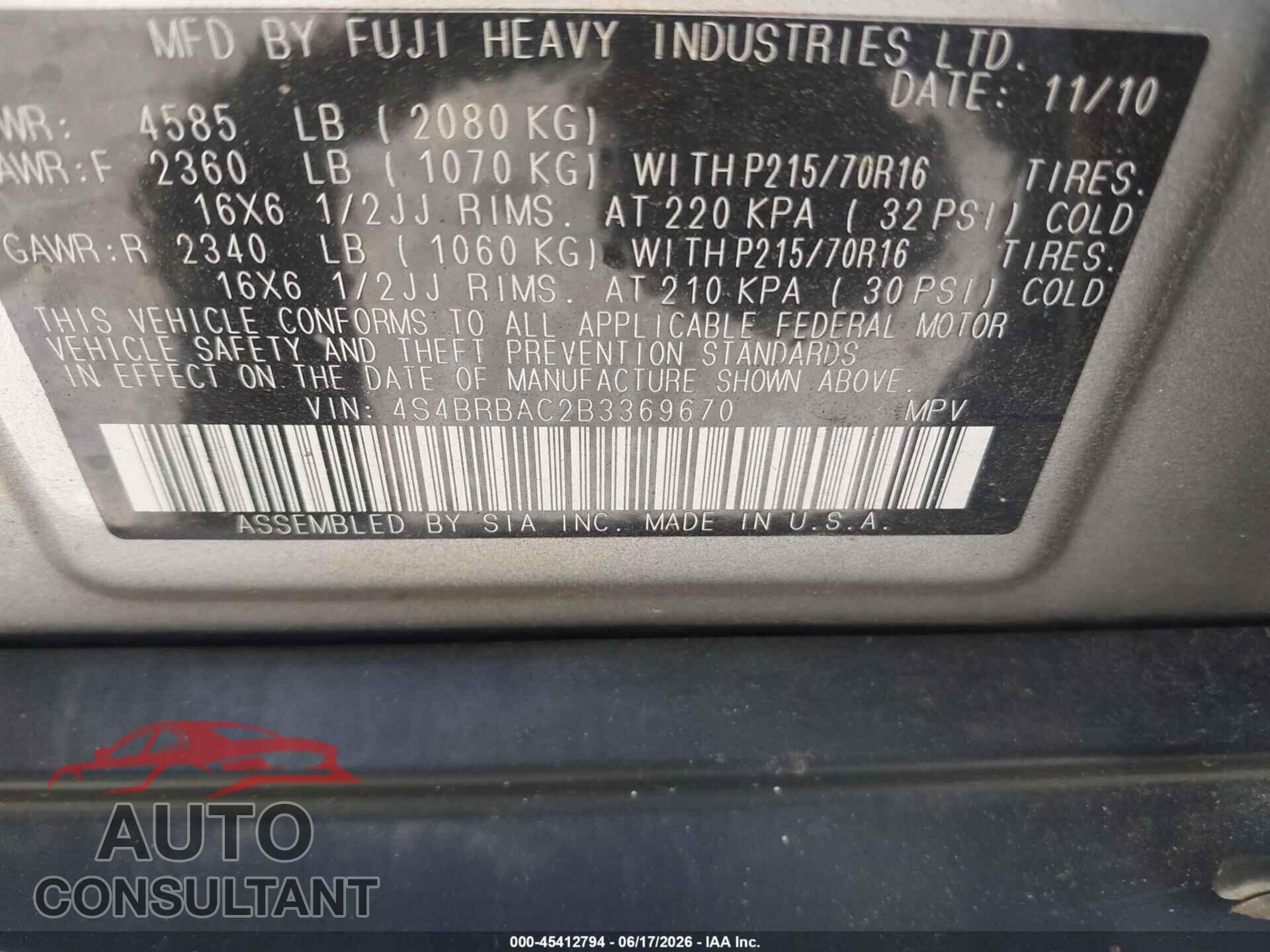 SUBARU OUTBACK 2011 - 4S4BRBAC2B3369670