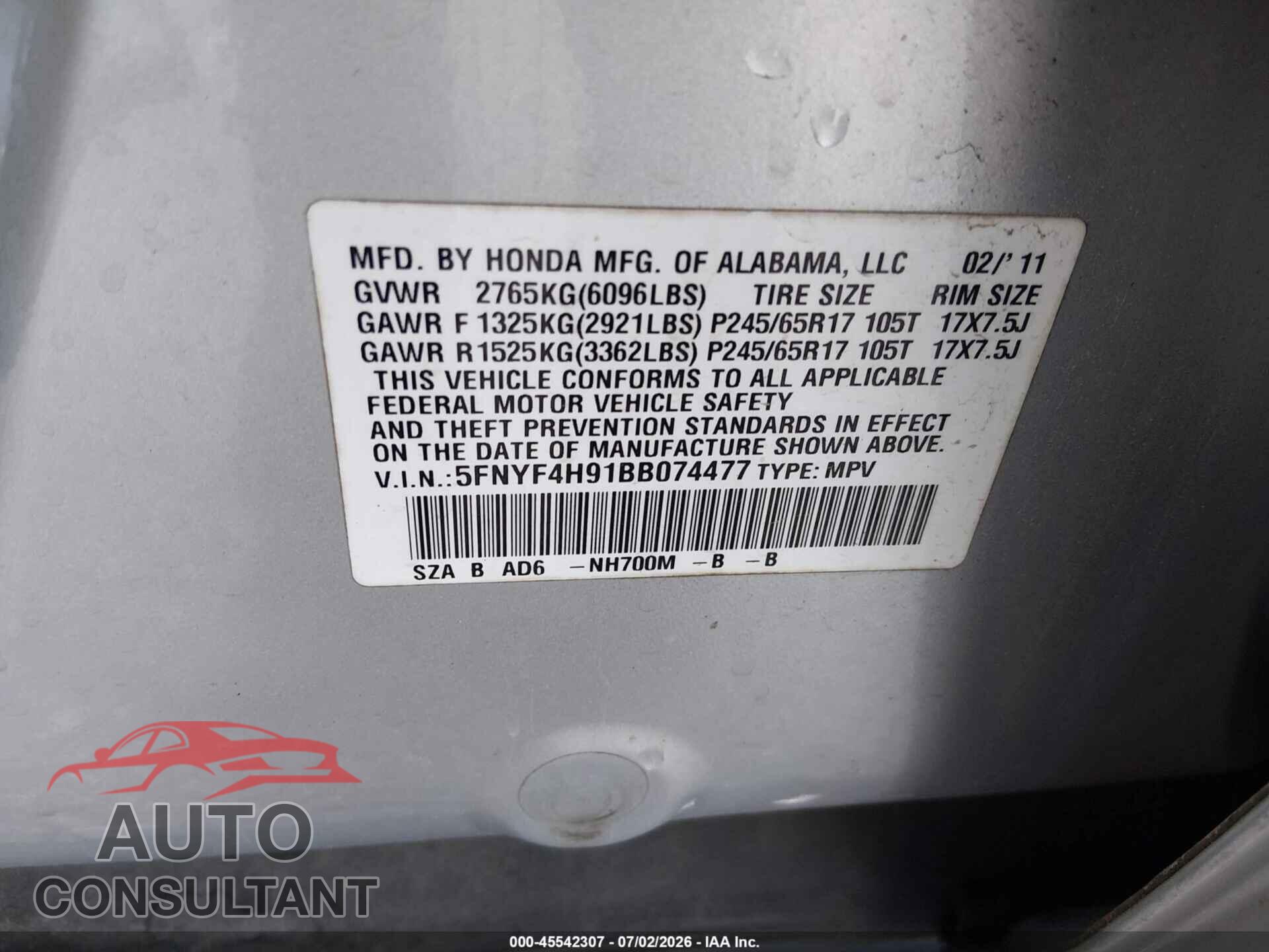 HONDA PILOT 2011 - 5FNYF4H91BB074477