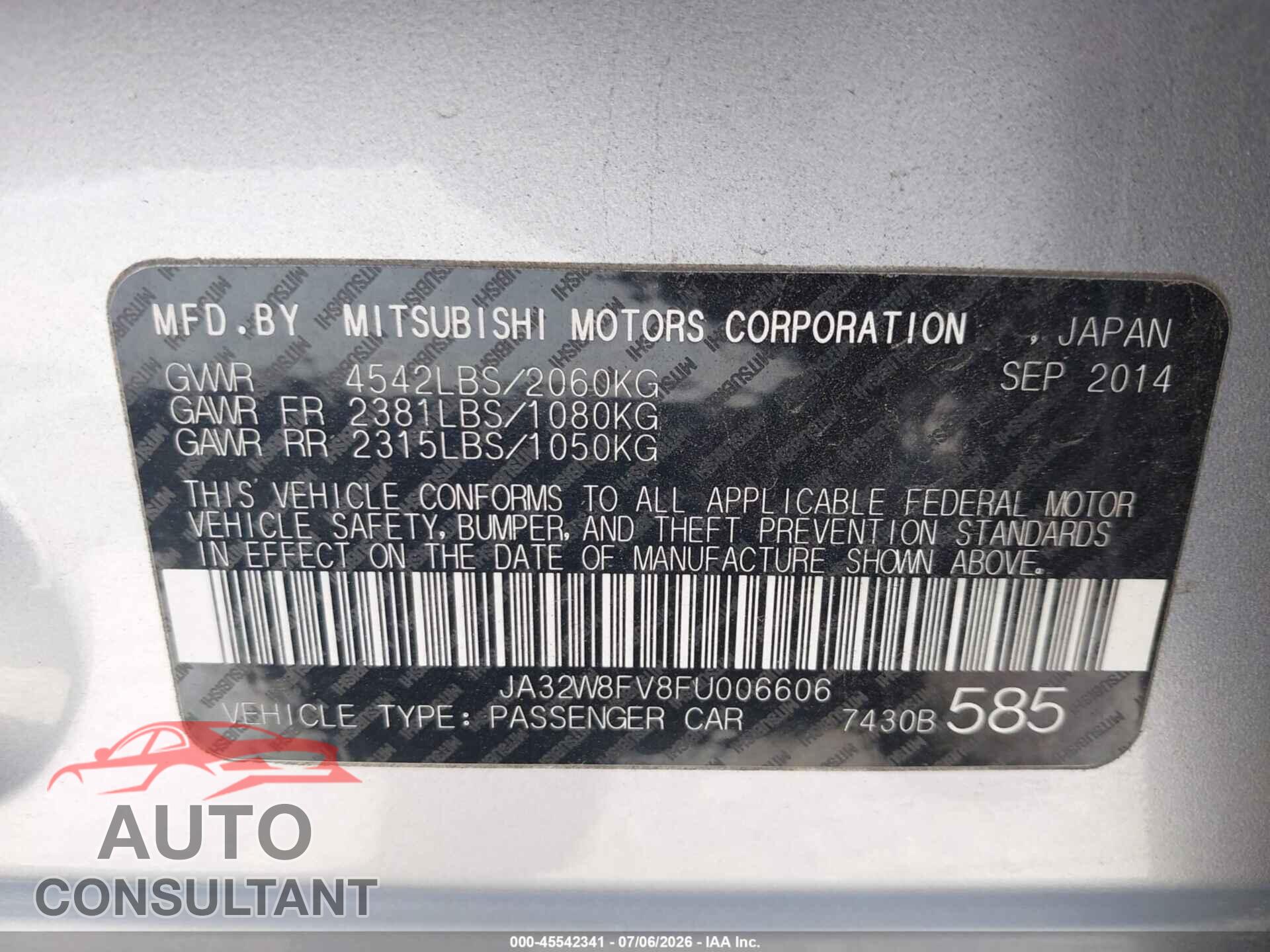 MITSUBISHI LANCER EVOLUTION 2015 - JA32W8FV8FU006606