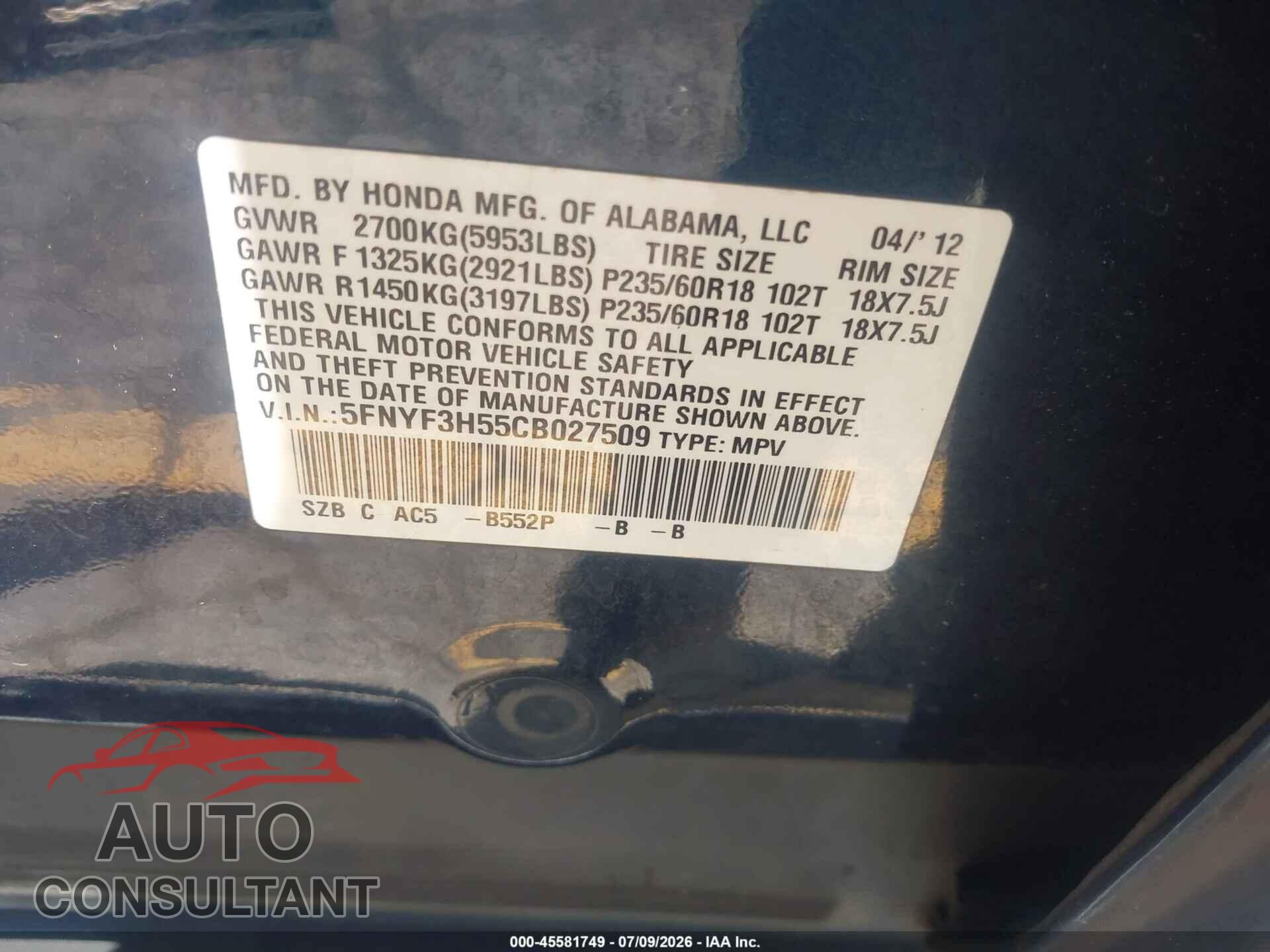HONDA PILOT 2012 - 5FNYF3H55CB027509