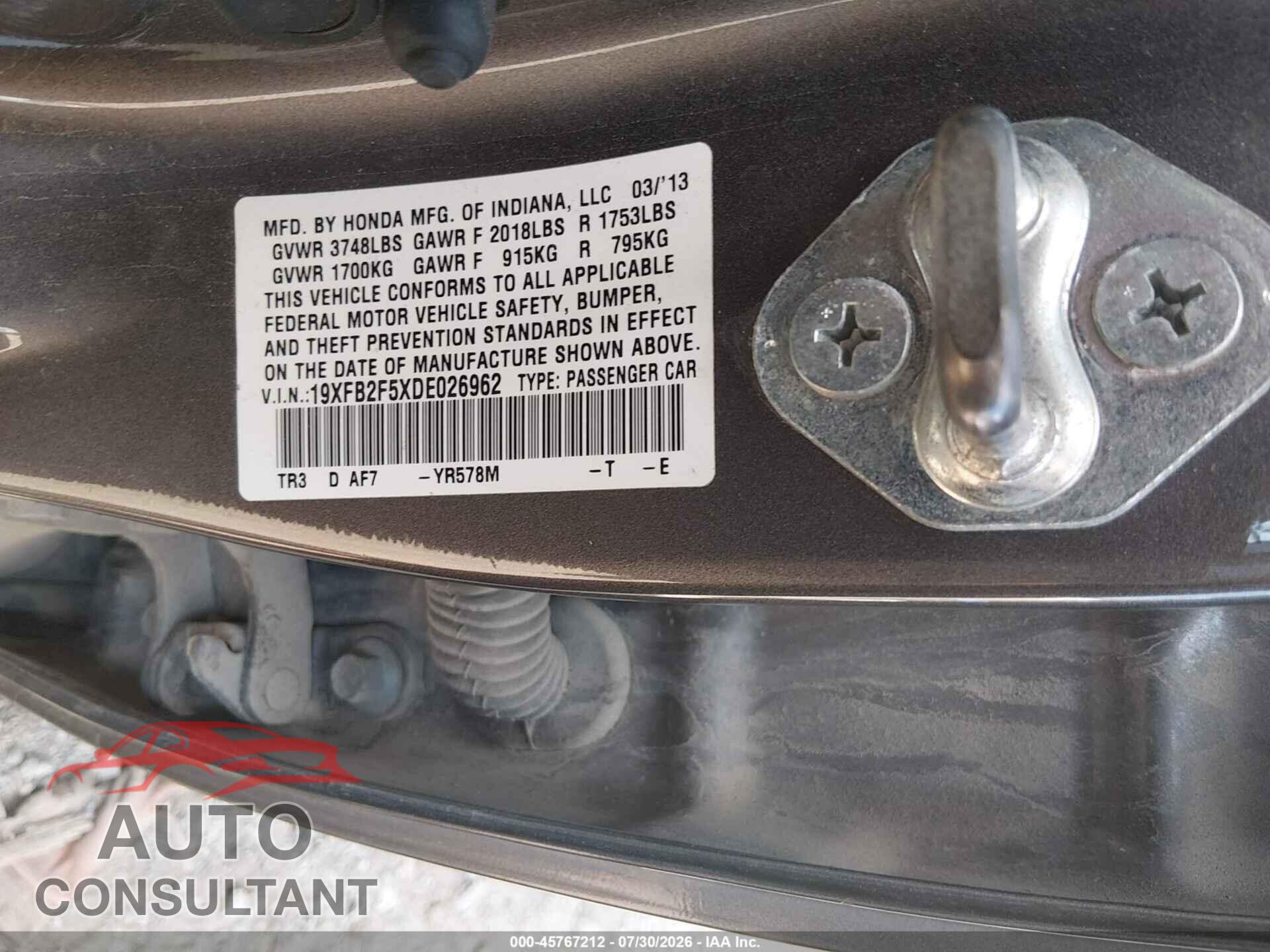 HONDA CIVIC 2013 - 19XFB2F5XDE026962