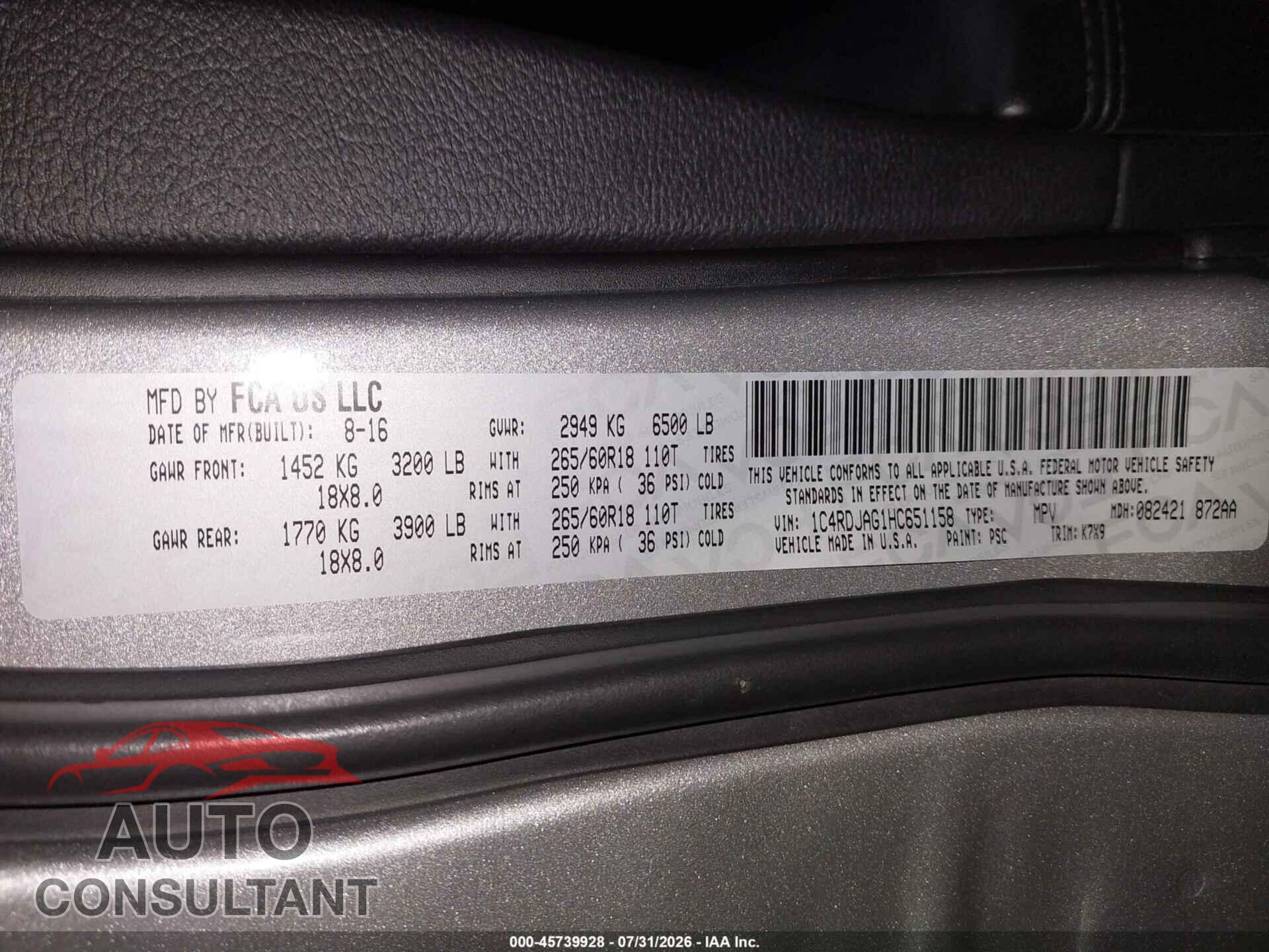 DODGE DURANGO 2017 - 1C4RDJAG1HC651158