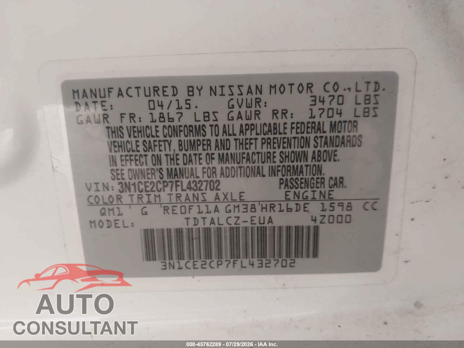 NISSAN VERSA NOTE 2015 - 3N1CE2CP7FL432702