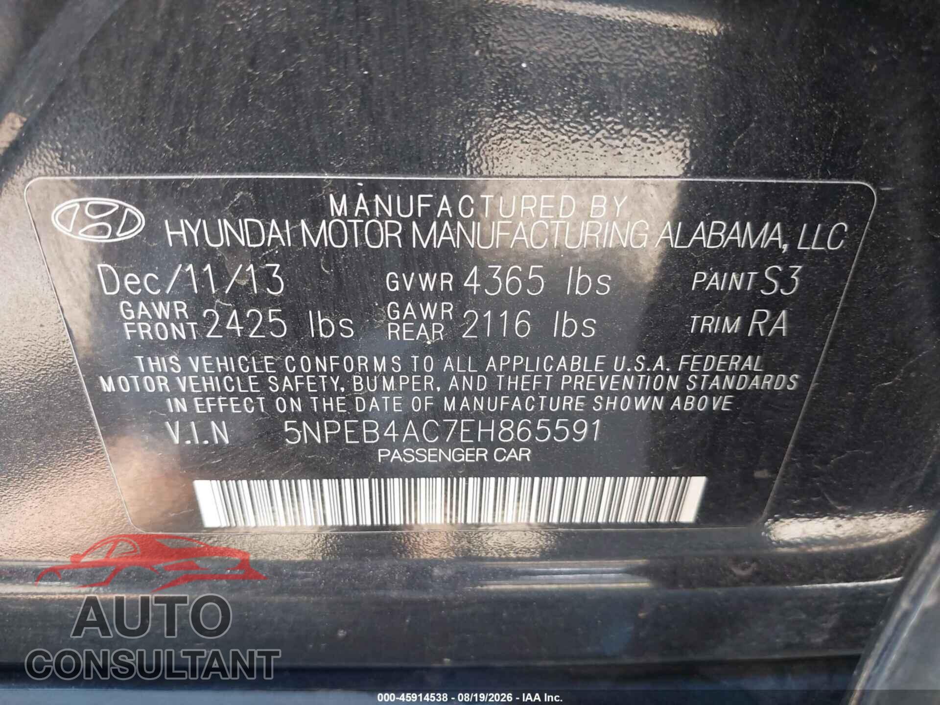 HYUNDAI SONATA 2014 - 5NPEB4AC7EH865591