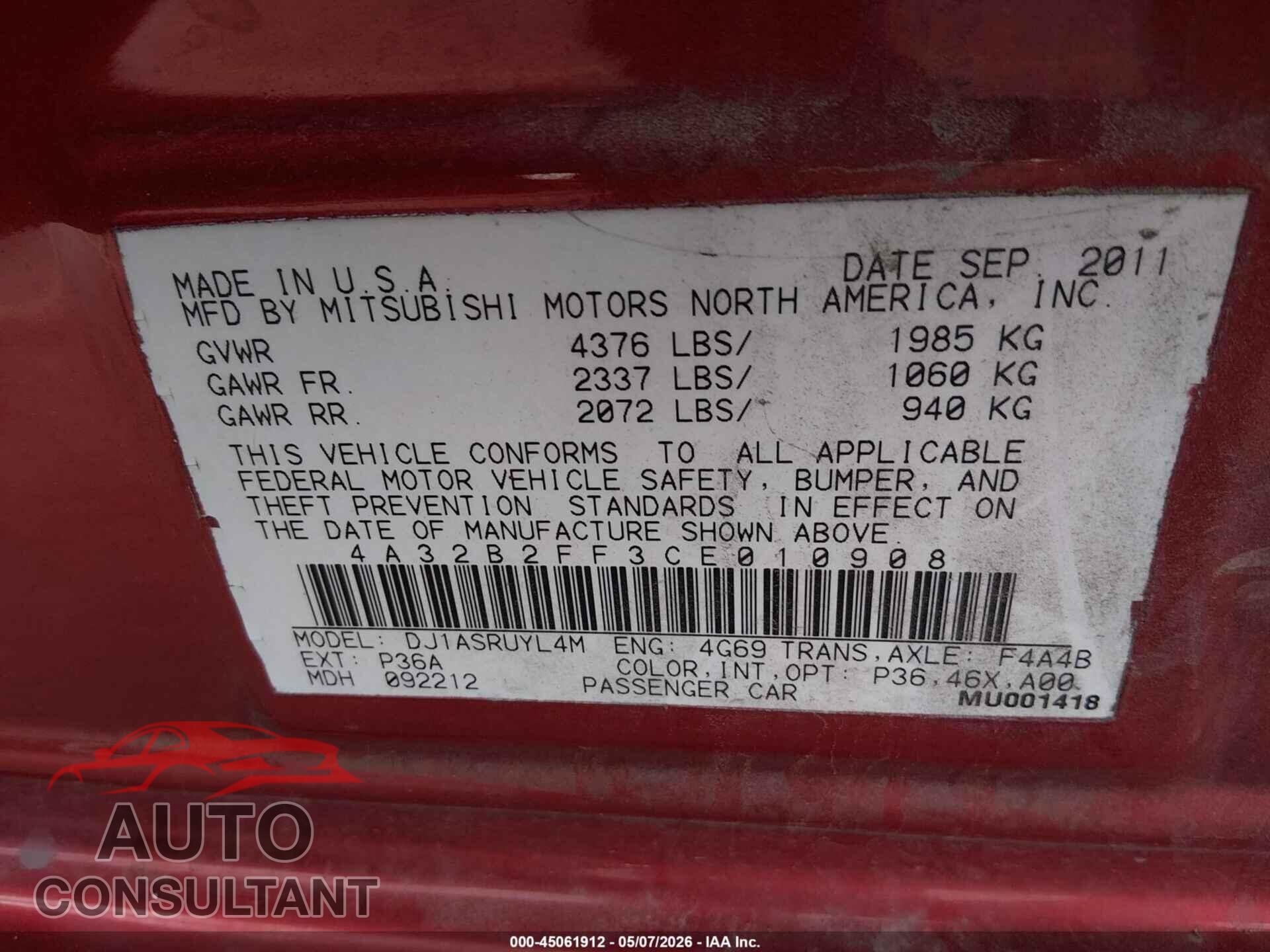 MITSUBISHI GALANT 2012 - 4A32B2FF3CE010908