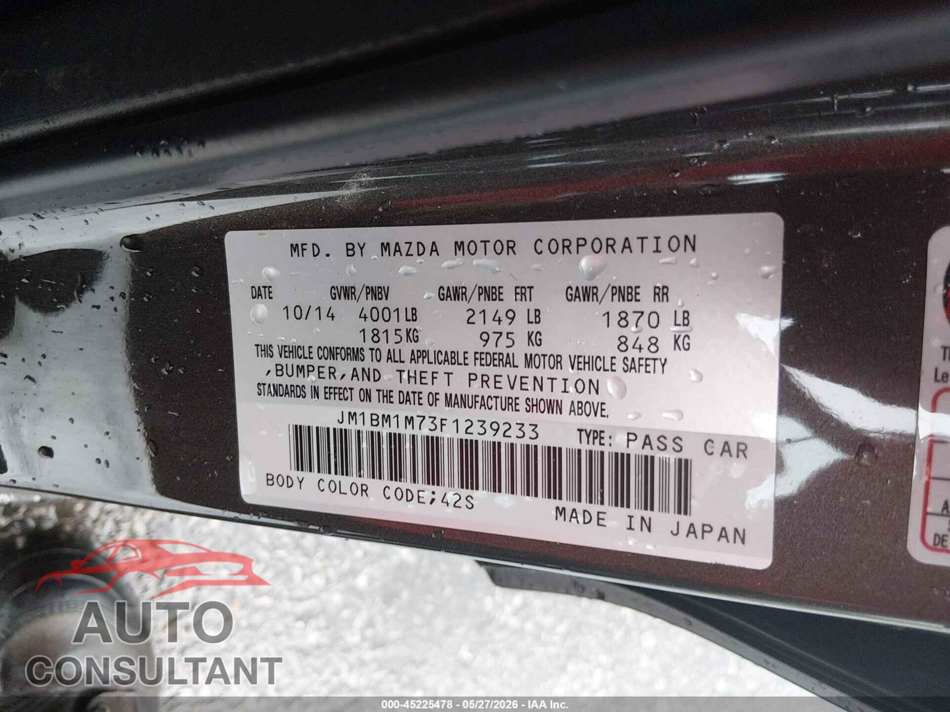 MAZDA MAZDA3 2015 - JM1BM1M73F1239233