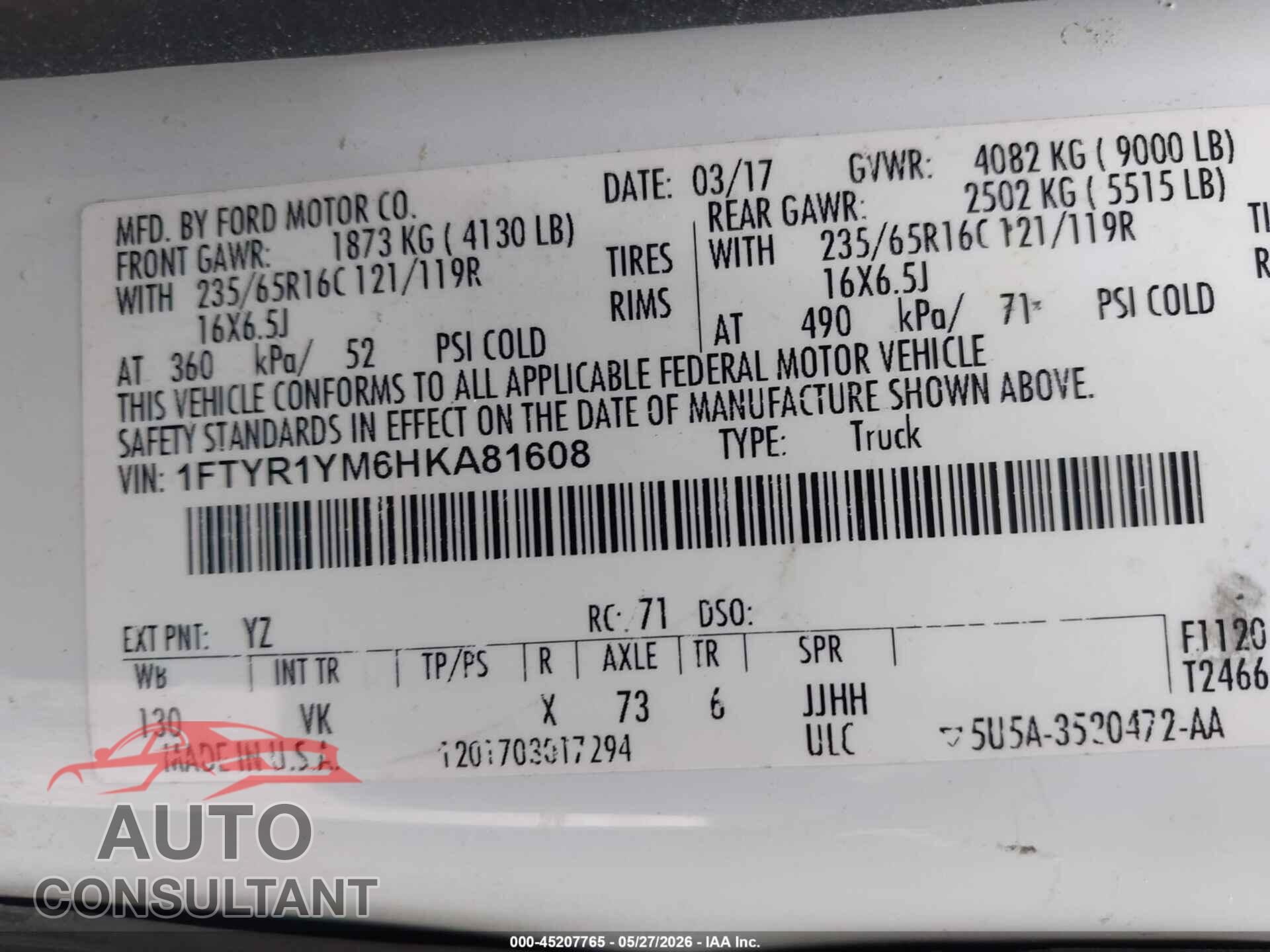 FORD TRANSIT-250 2017 - 1FTYR1YM6HKA81608