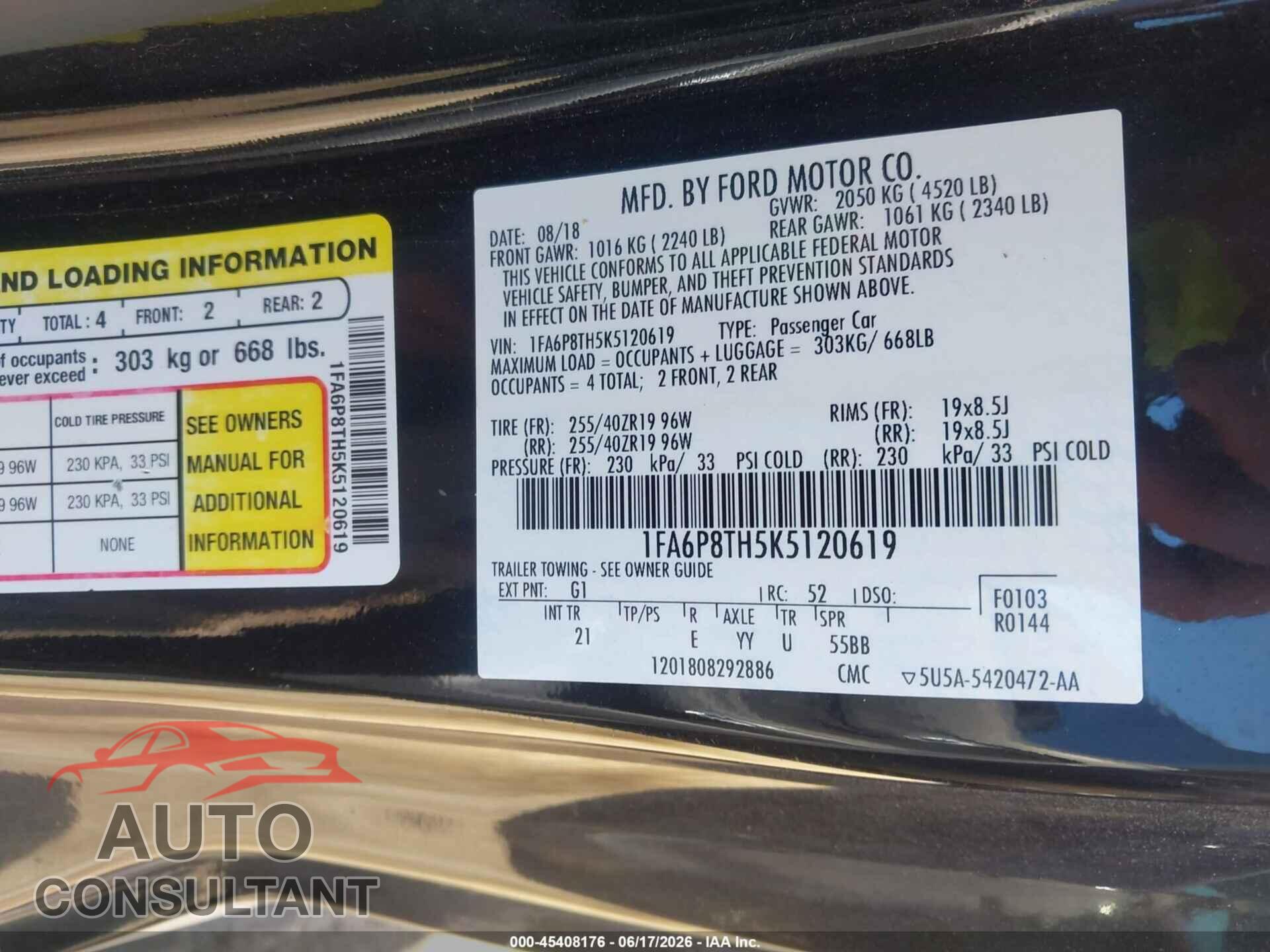 FORD MUSTANG 2019 - 1FA6P8TH5K5120619