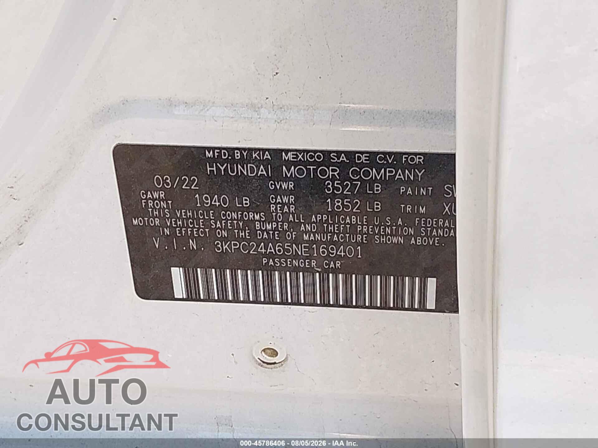 HYUNDAI ACCENT 2022 - 3KPC24A65NE169401