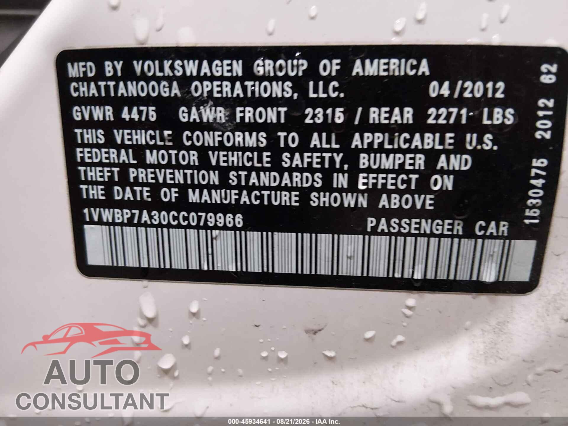 VOLKSWAGEN PASSAT 2012 - 1VWBP7A30CC079966