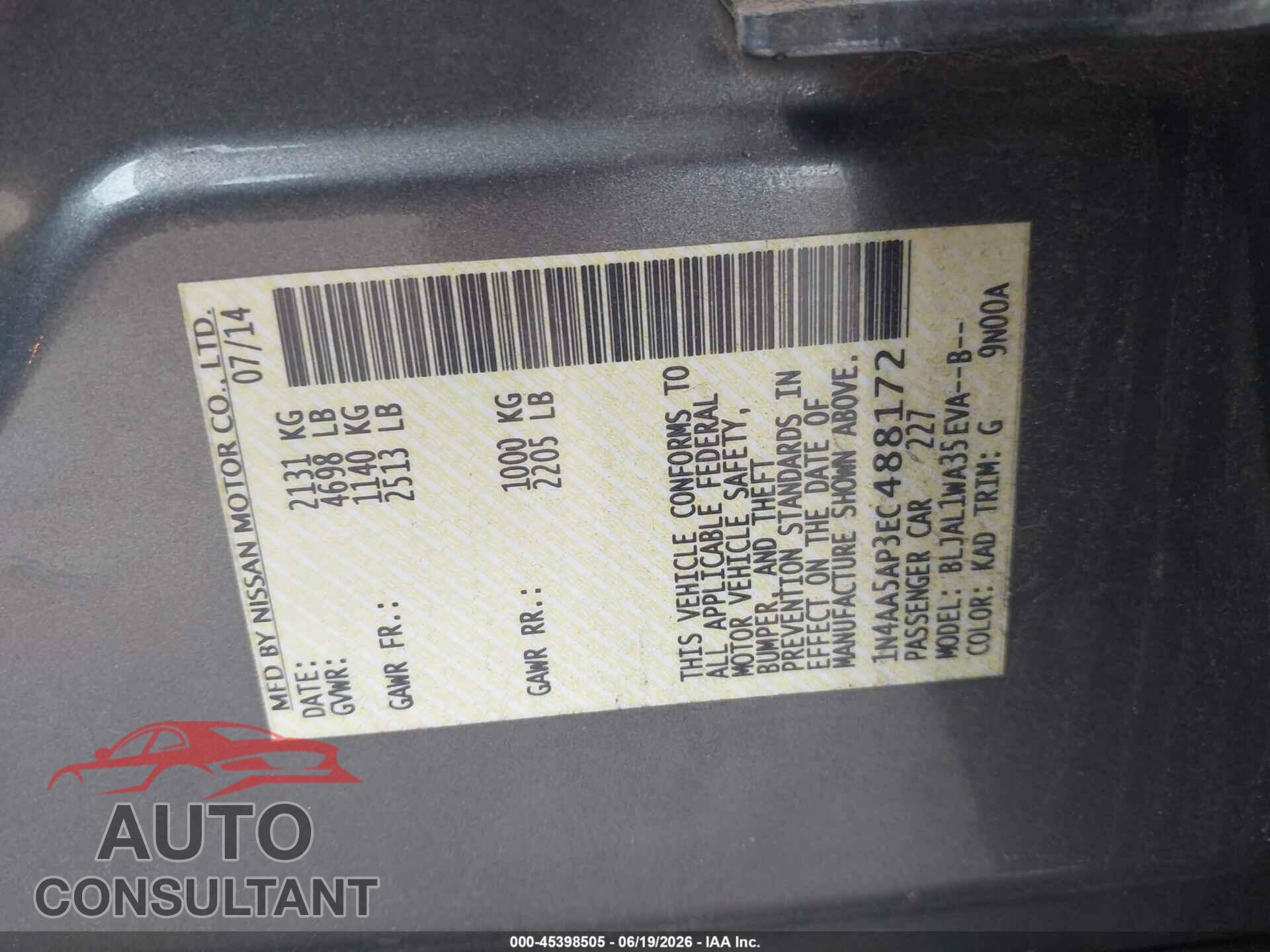 NISSAN MAXIMA 2014 - 1N4AA5AP3EC488172
